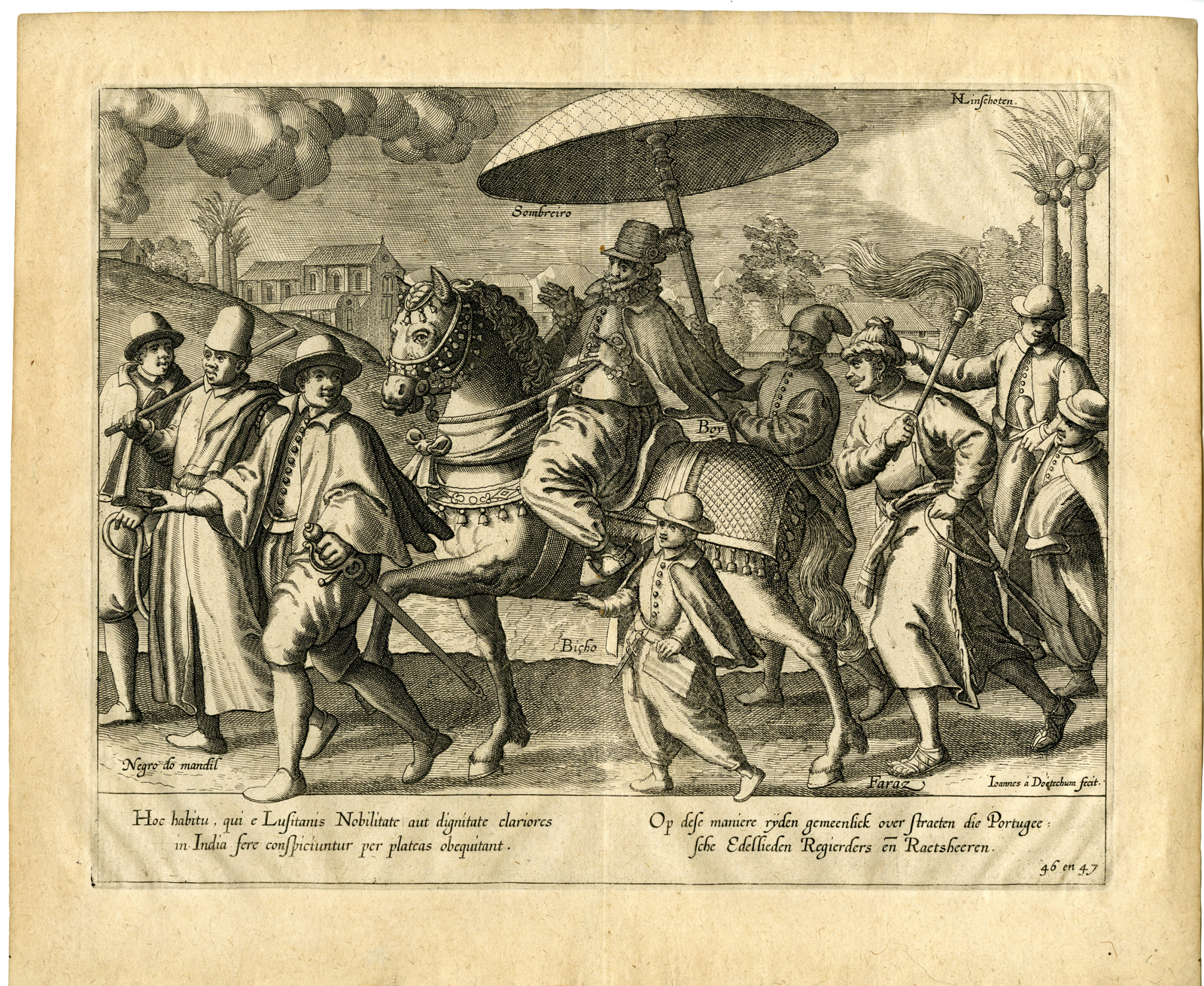 , Antique Print-EAST-INDIES-PORTUGESE NOBLE-RULER-HORSE-Deutecum-Linschoten-1599, Pictura Antique Prints