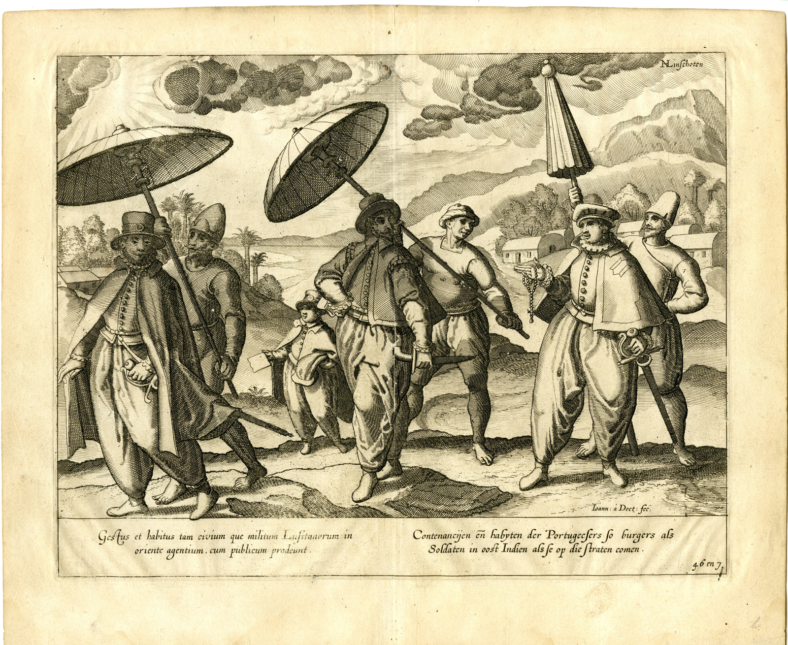 , Antique Print-EAST-INDIES-PORTUGESE SOLDIERS-CIVILIANS-Deutecum-Linschoten-1599, Pictura Antique Prints