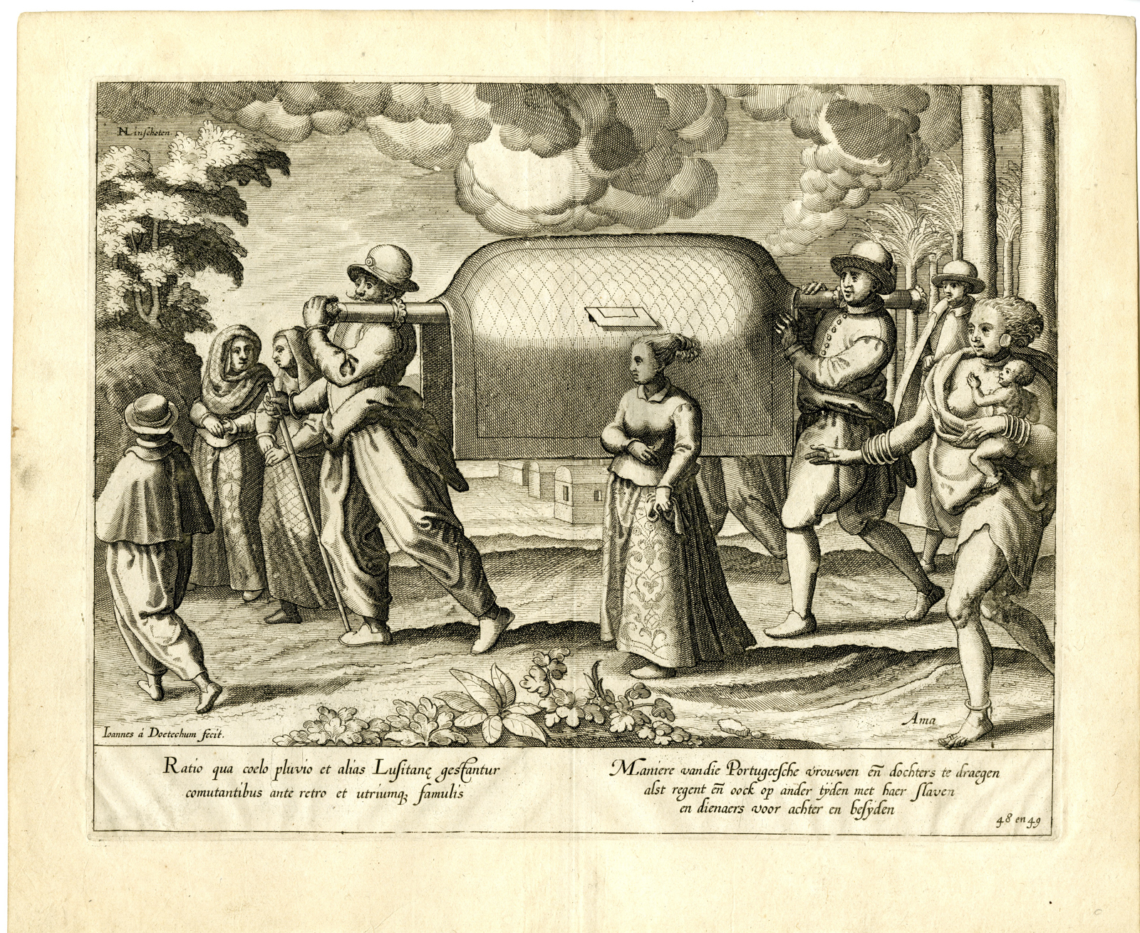, Antique Print-EAST-INDIES-PORTUGESE-WOMEN-CARRIAGE-Deutecum-Linschoten-1599, Pictura Antique Prints