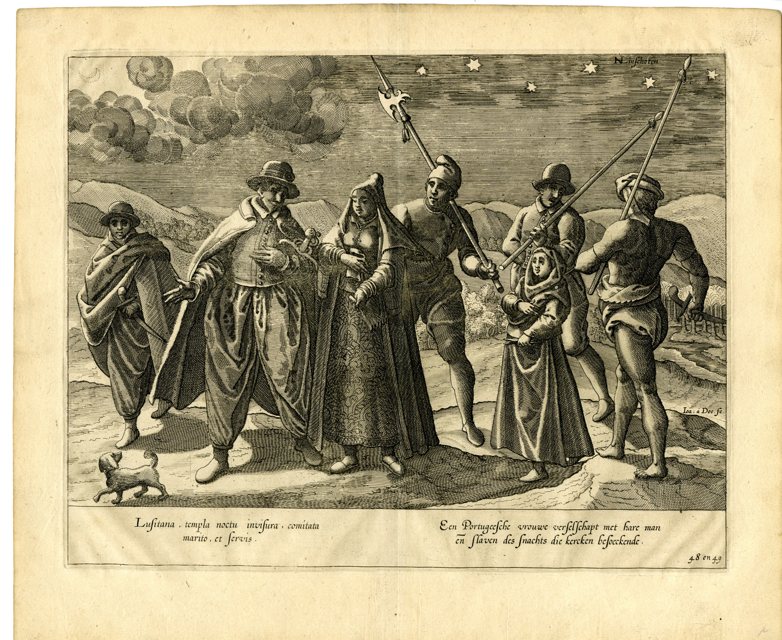 , Antique Print-EAST-INDIES-PORTUGESE COUPLE-CHURCH VISIT-Deutecum-Linschoten-1599, Pictura Antique Prints