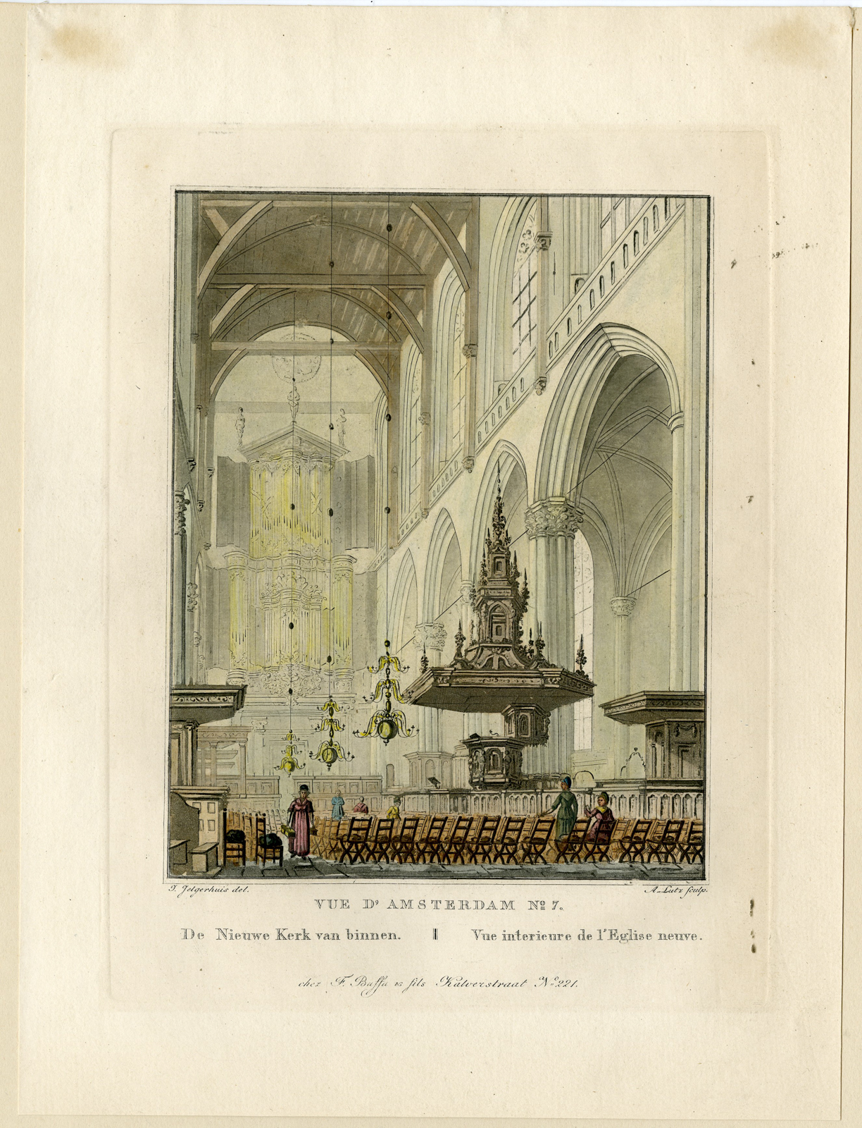 , Rare-Antique Print-INTERIOR VIEW-NIEUWE KERK-AMSTERDAM-Lutz-Jelgerhuis-1825, Pictura Antique Prints