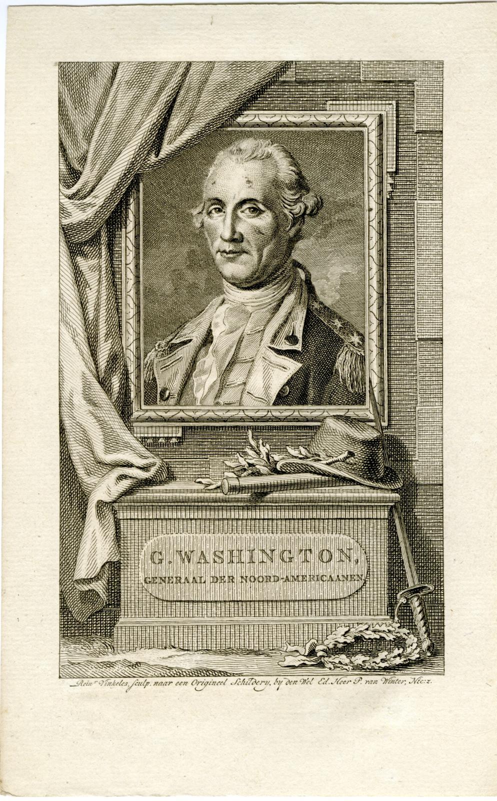 , Antique Print-PORTRAIT-GEORGE-WASHINGTON-Vinkeles-Peale-1782, Pictura Antique Prints
