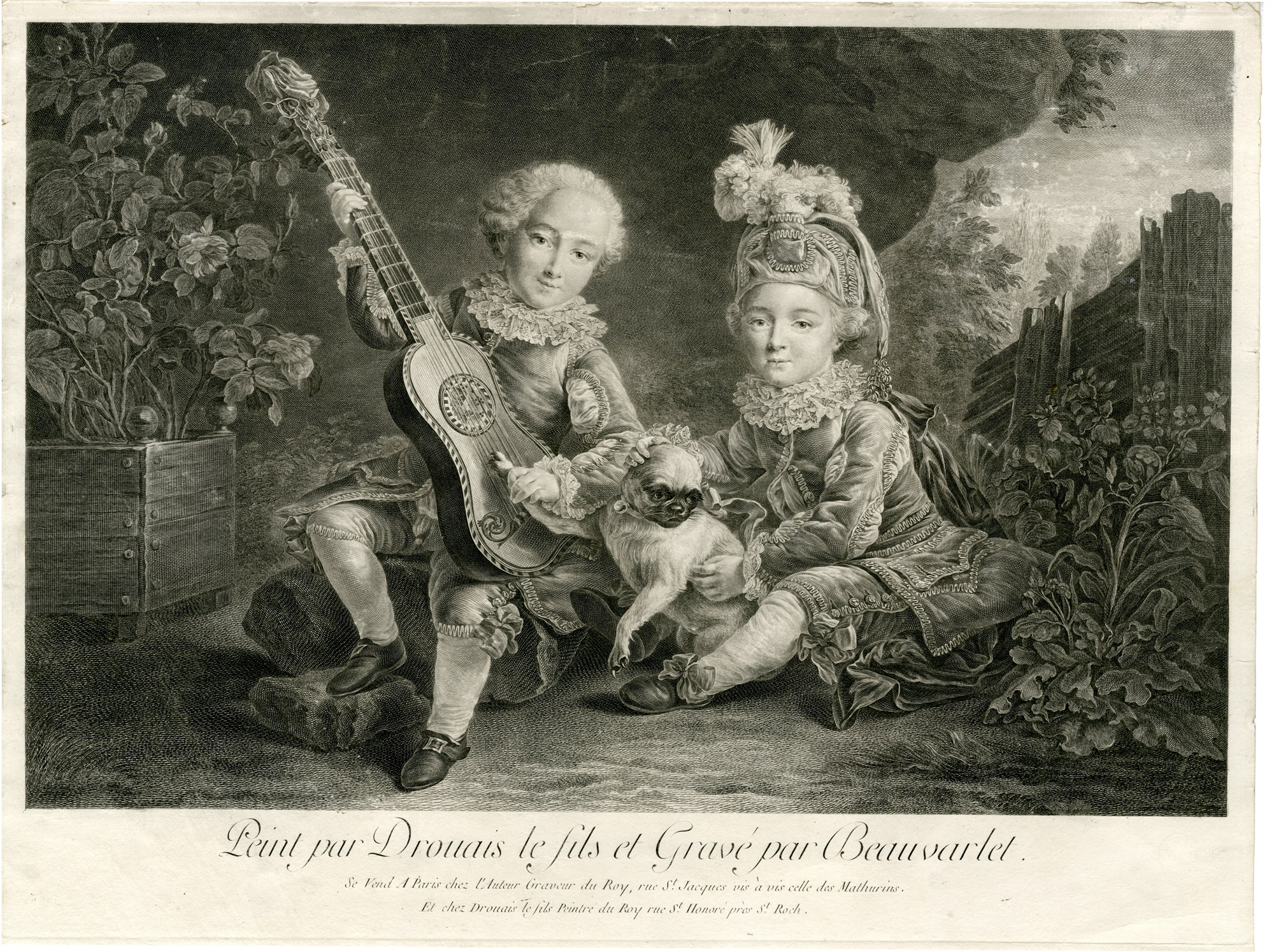 , Antique Print-PORTRAIT-CHILDREN-DUKE OF BETHUNE-GUITAR-Beauvarlet-Drouais-c.1775, Pictura Antique Prints