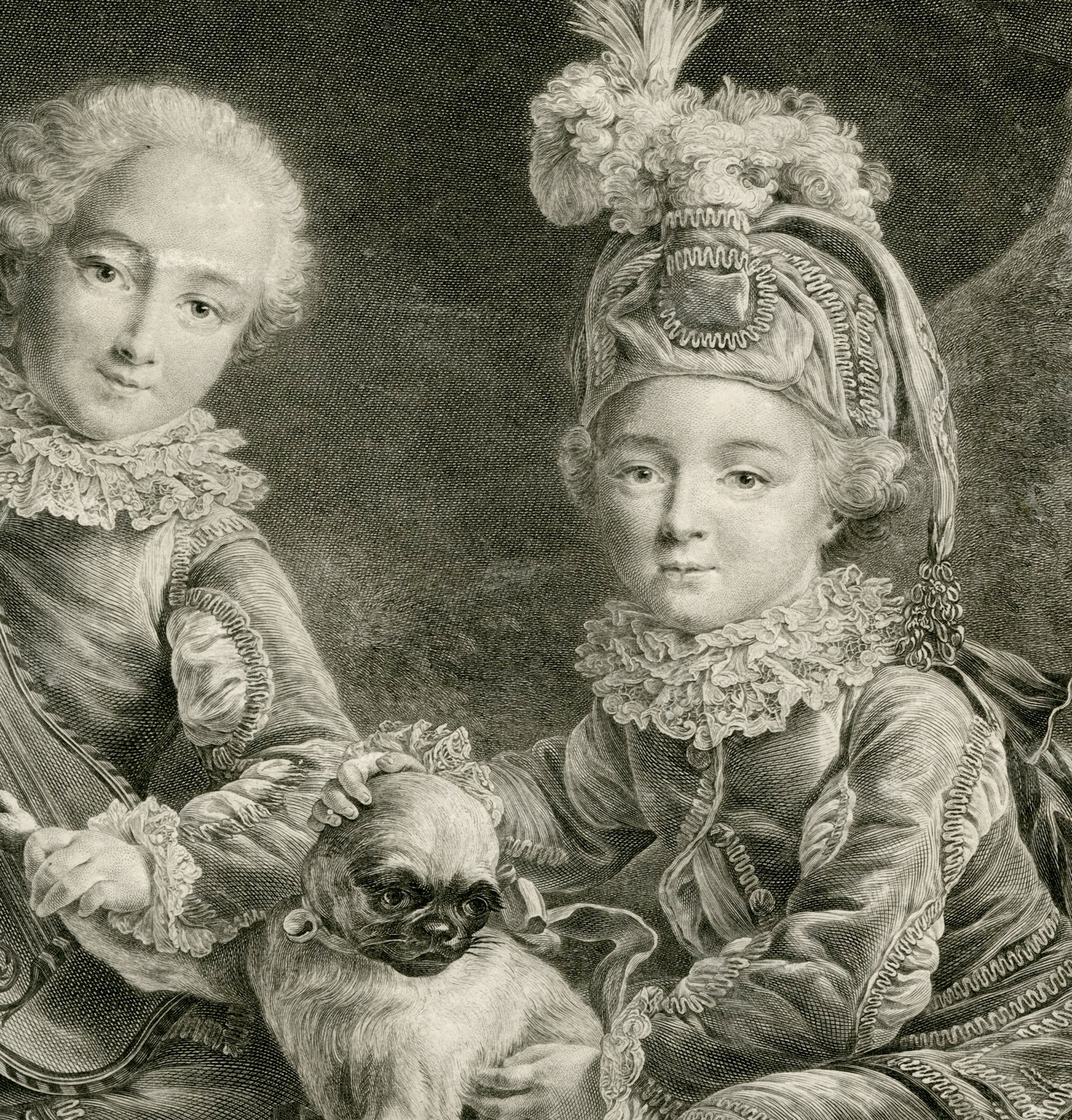 , Antique Print-PORTRAIT-CHILDREN-DUKE OF BETHUNE-GUITAR-Beauvarlet-Drouais-c.1775, Pictura Antique Prints