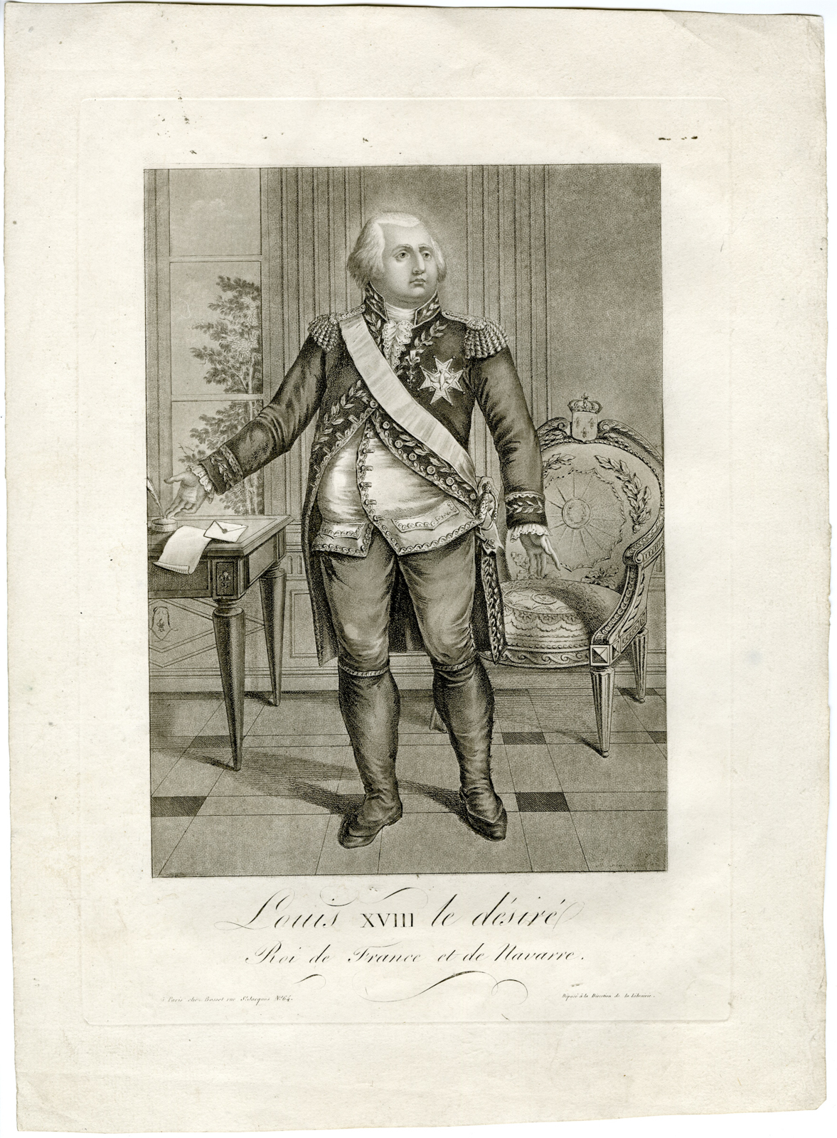 , Antique Print-PORTRAIT-LOUIS XVIII-KING OF FRANCE-Villeneuve-Basset-1814, Pictura Antique Prints