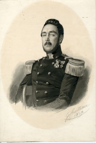 Antique Drawing-MILITARY-PORTRAIT-UNIFORM-MEDALS-MOUSTACHE-Coutteau-1849