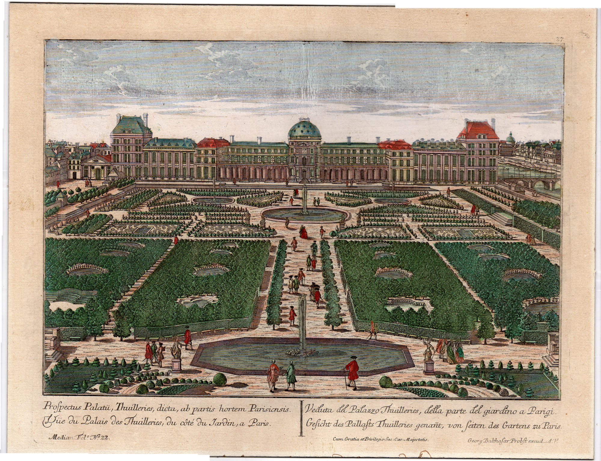 , Antique Print-GARDEN-TUILERIES-PARIS-FRANCE-OPTICAL PRINT-Probst-ca 1760, Pictura Antique Prints