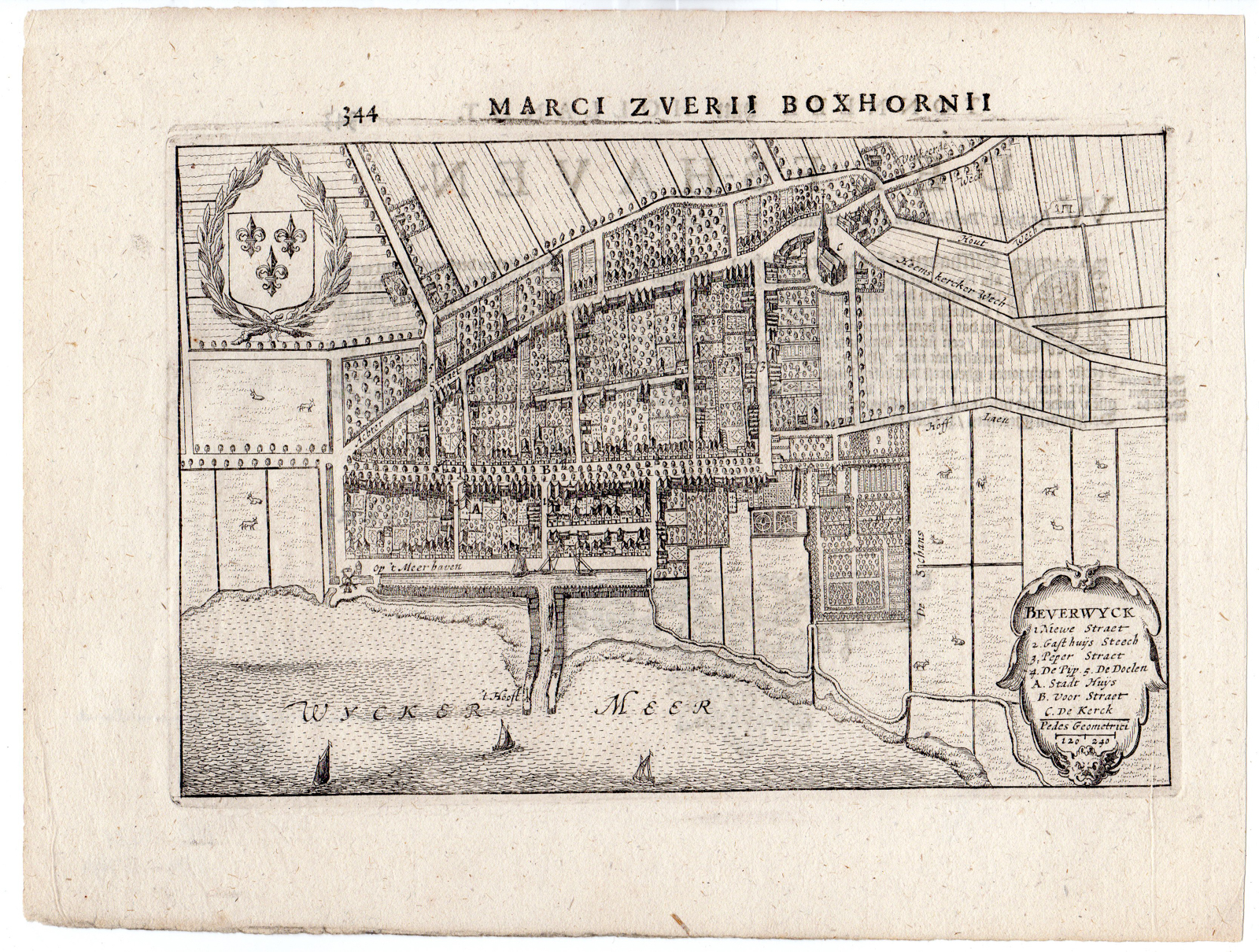 RB 2795 416x315 Antique Print-MAP-BEVERWIJK-NORTH HOLLAND-NETHERLANDS-COAT OF ARMS-Boxhorn-1632