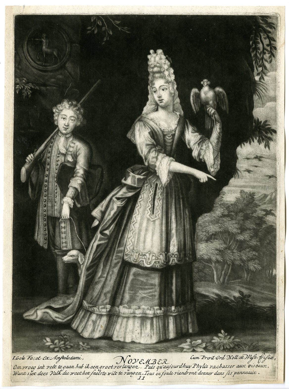 , Antique Master Print-MONTHS-YEAR-METAPHORIC-NOVEMBER-FALCONRY-Gole-1695-1724, Pictura Antique Prints