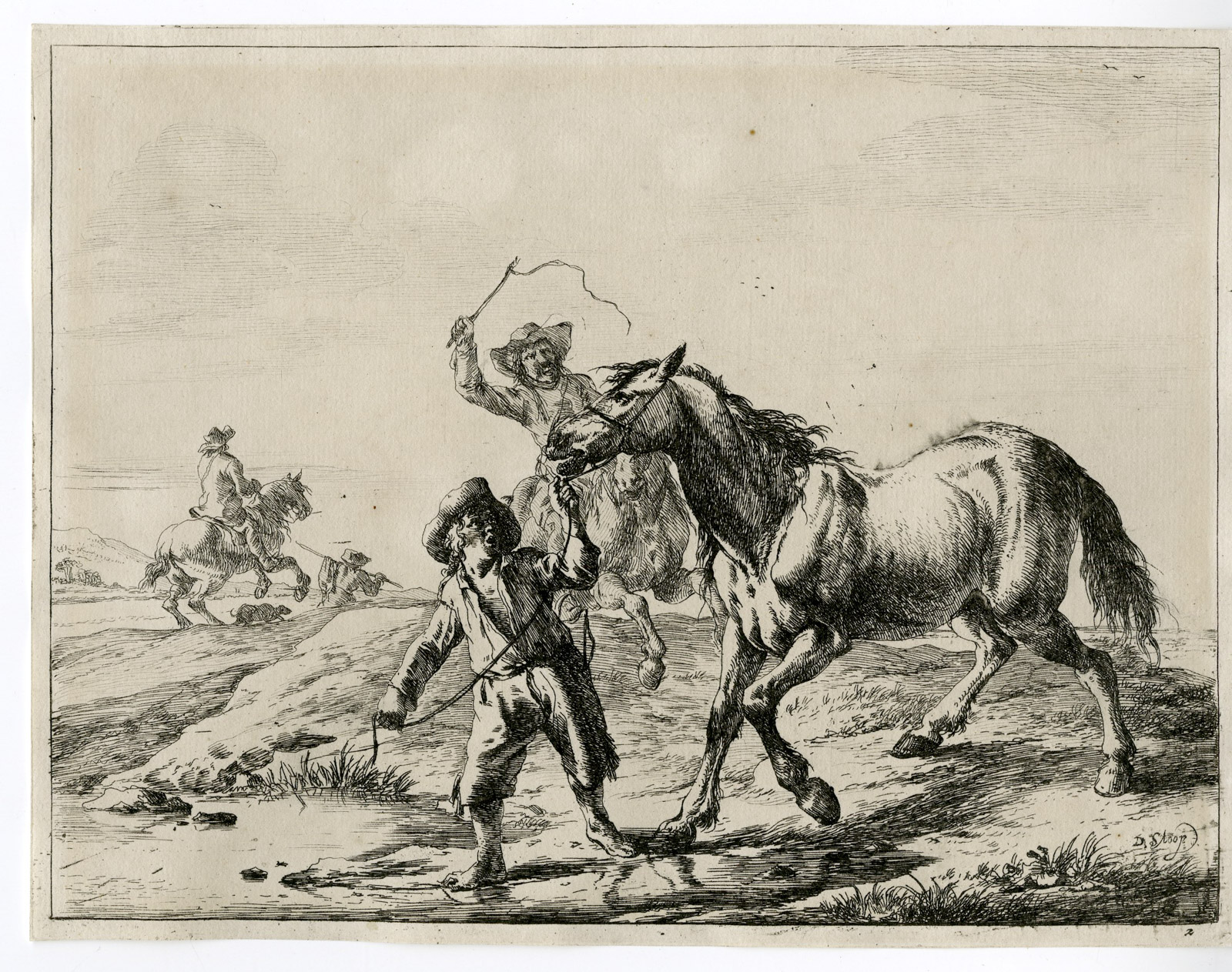 , Antique Master Print-HORSES-LEADING-WATER-HORSEMEN-Stoop-1651, Pictura Antique Prints