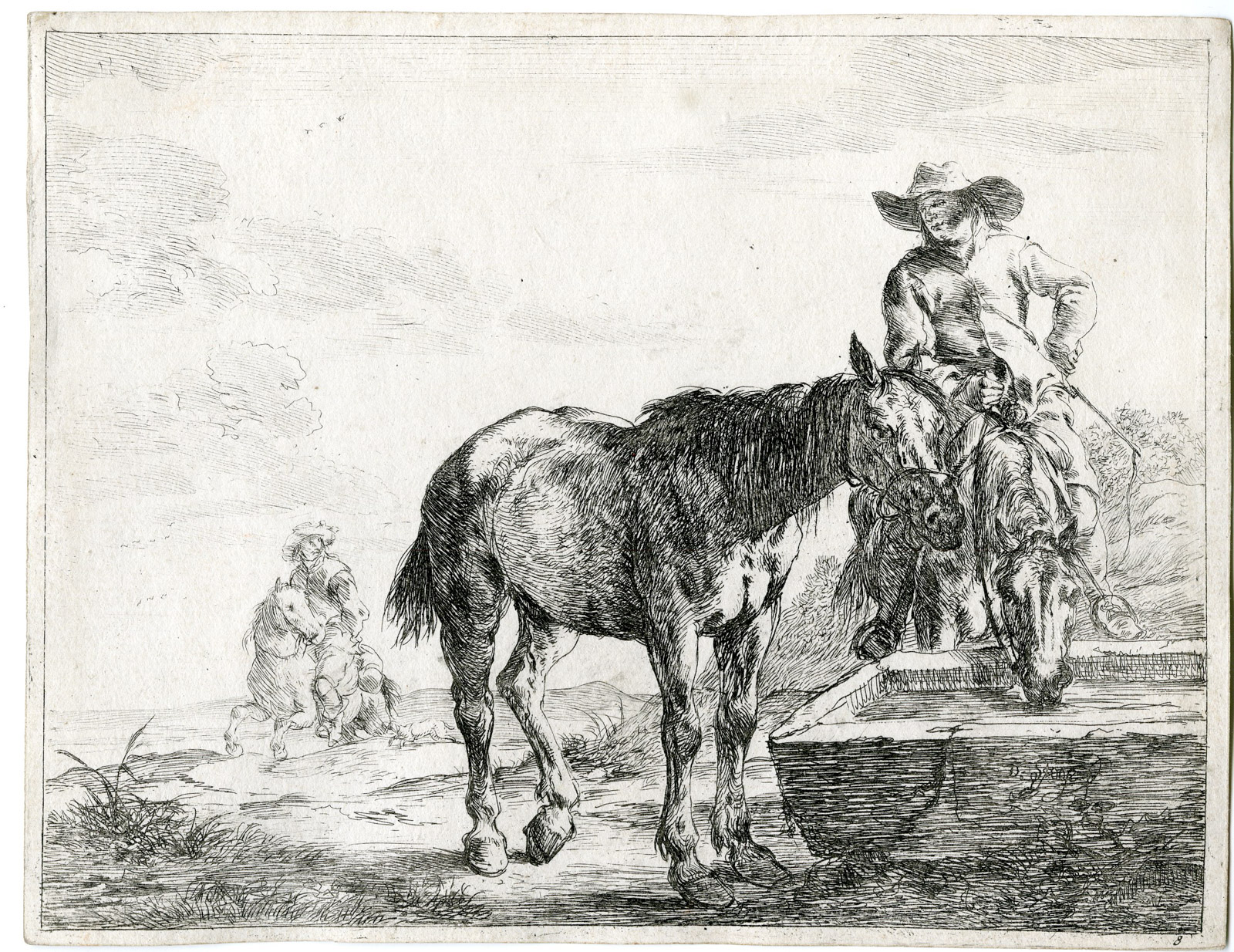 Pco 25367 416x321 Antique Master Print-HORSES-DRINKING-THROUGH-HORSEBACK-Stoop-1651