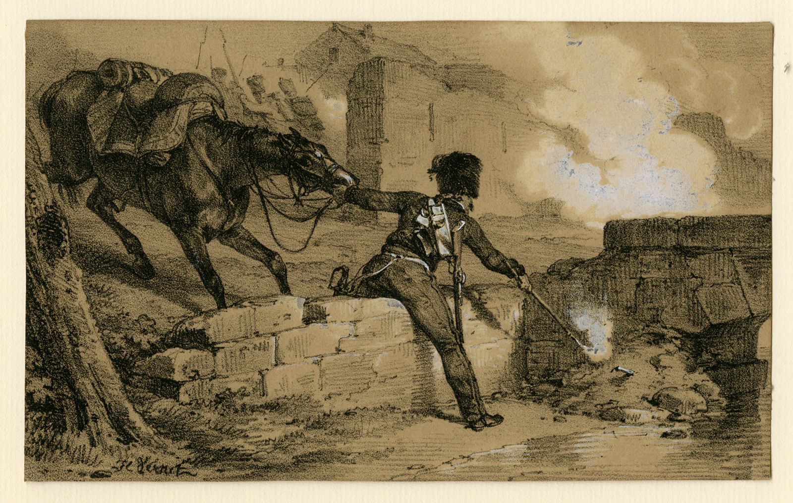 , Antique Print-MILITARY-ARTILLERYMAN-MINE-HORSE-Vernet-c.1820, Pictura Antique Prints