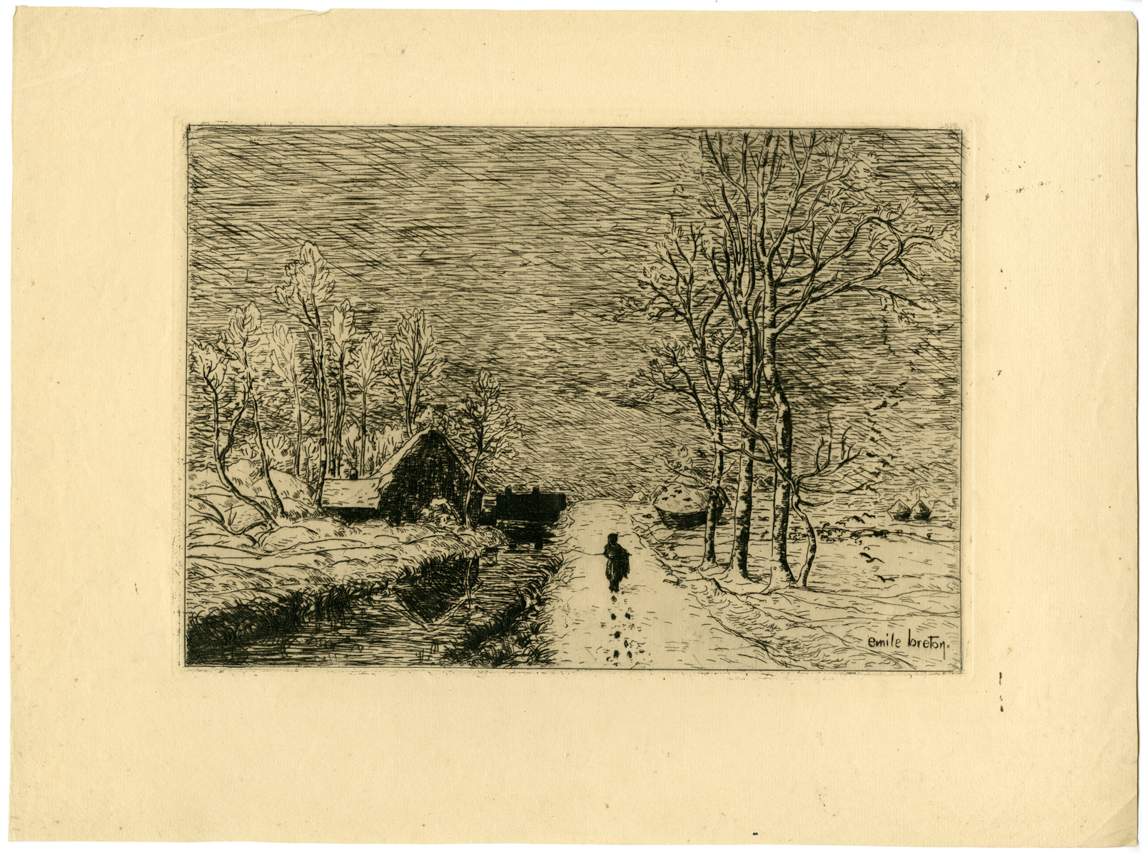, Antique Master Print-RURAL WINTER LANDSCAPE-FARMS-Breton-c.1865, Pictura Antique Prints