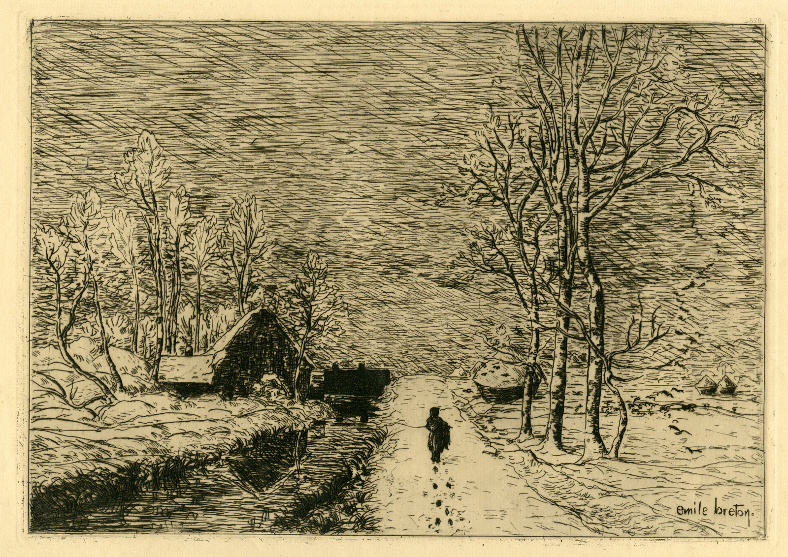 , Antique Master Print-RURAL WINTER LANDSCAPE-FARMS-Breton-c.1865, Pictura Antique Prints