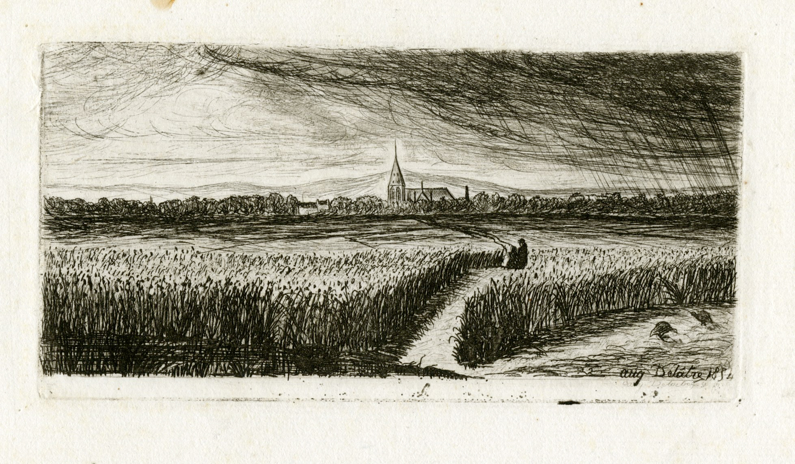 , Antique Master Print-LANDSCAPE WITH GRAIN FIELDS-FARMERS-Delatre-1854, Pictura Antique Prints