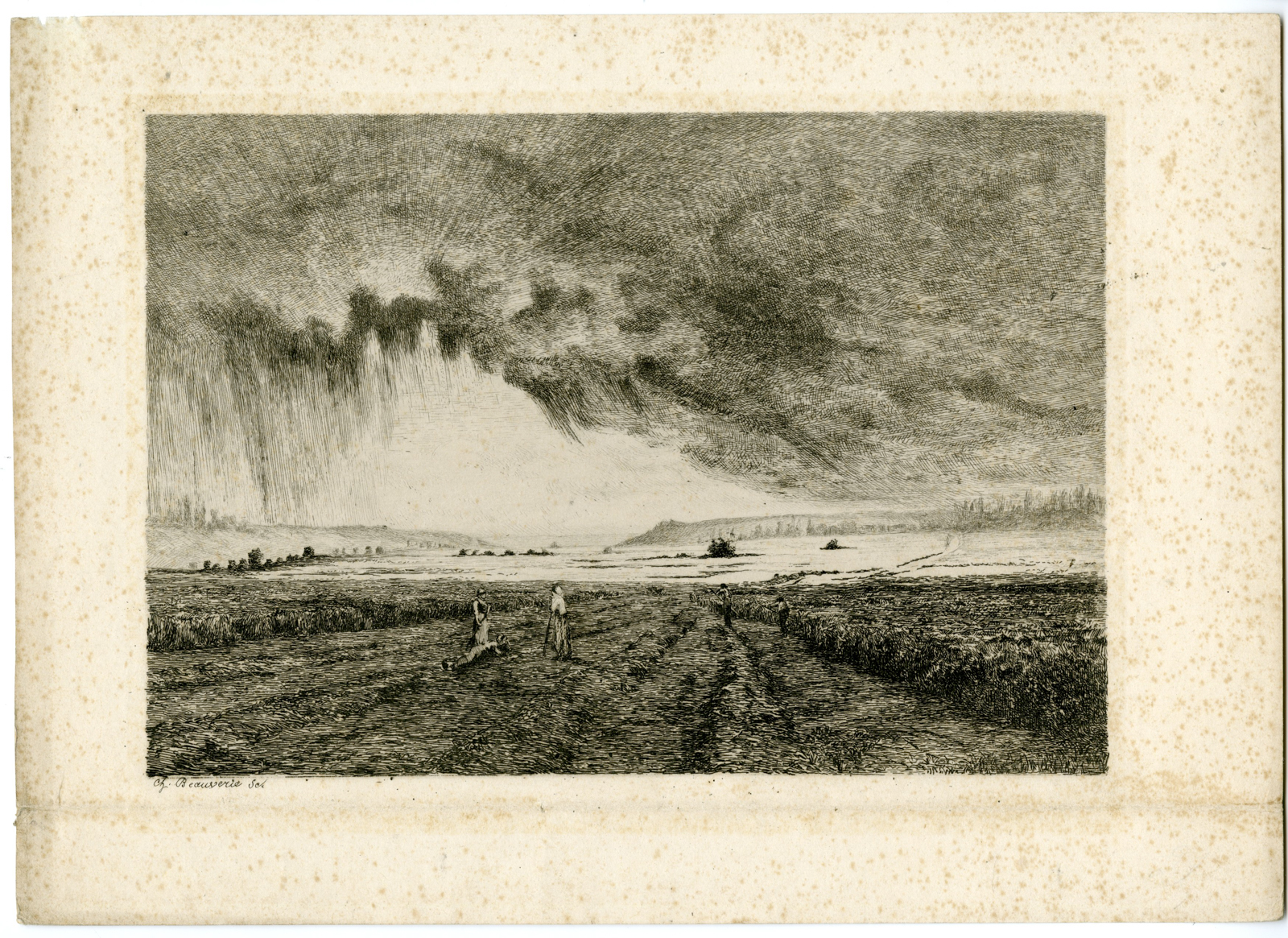, Antique Master Print-LANDSCAPE WITH GRAIN FIELDS-FARMERS-Beauverie-c.1868, Pictura Antique Prints