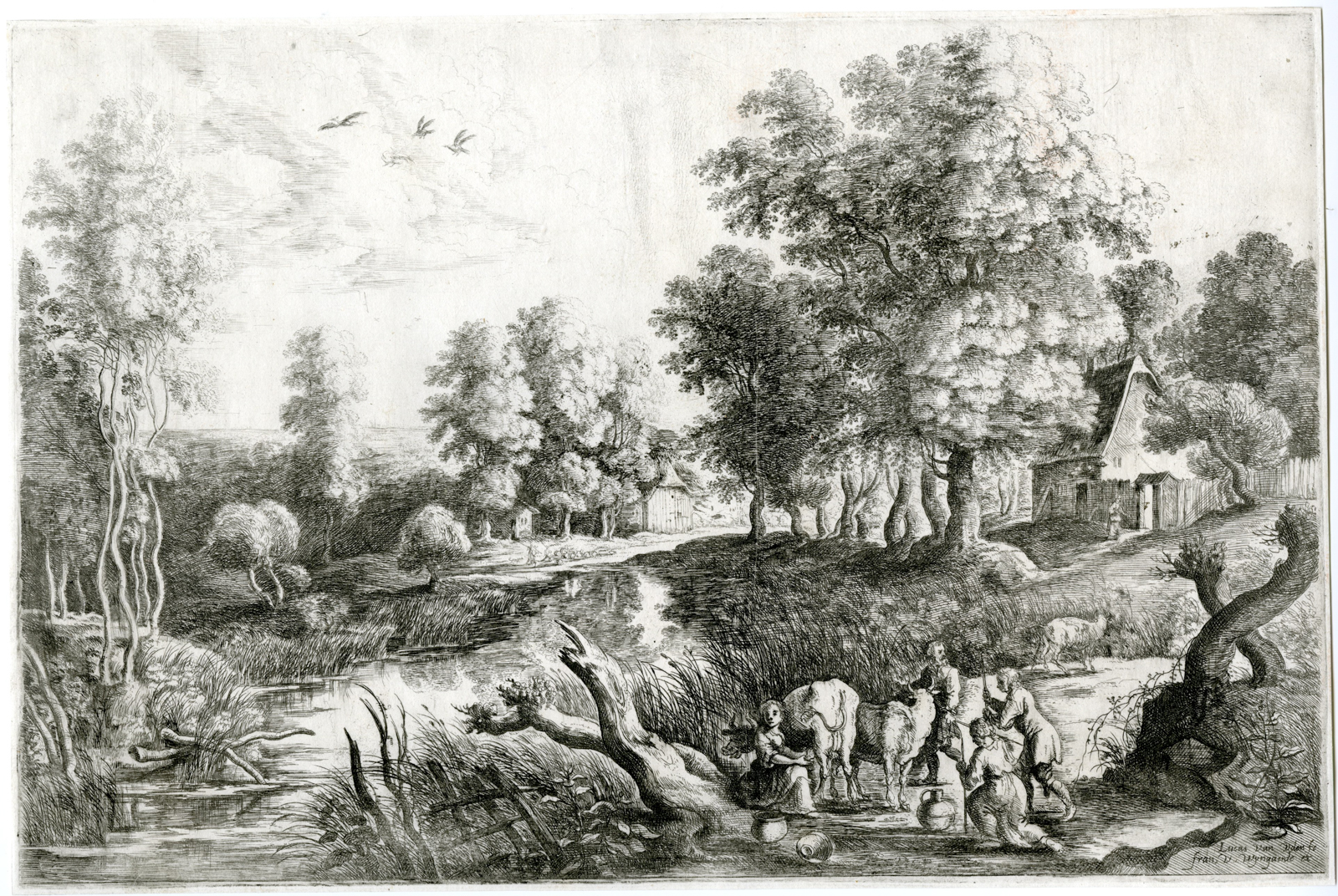 , Antique Master Print-BROOK-MILKING-FARMERS-Van Uden-Rubens-c.1605-1673, Pictura Antique Prints