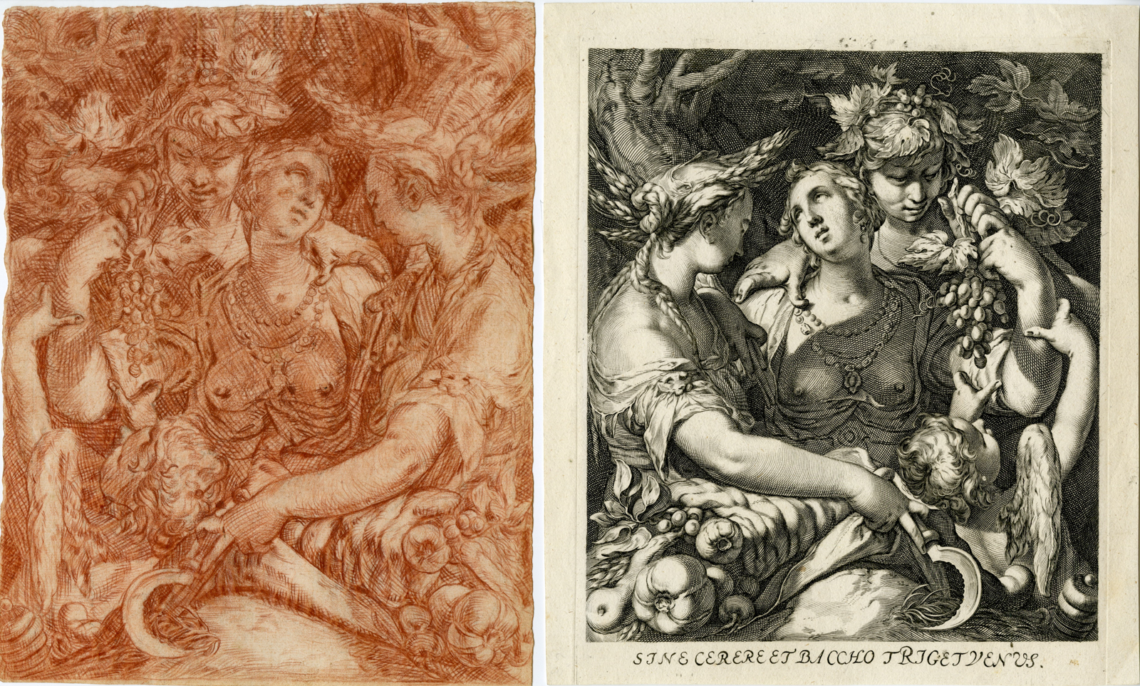 2-Rare-Antique Master Prints-CERES-BACCHUS-VENUS-Saenradam-Bloemaert-c.1600