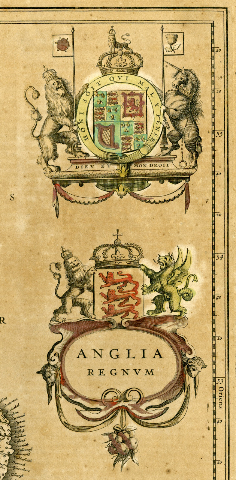 Pictura 03192 416x847 Antique Map-ENGLAND-WALES-SCOTLAND-UK-COAT OF ARMS-Janssonius-1646 - Image 2