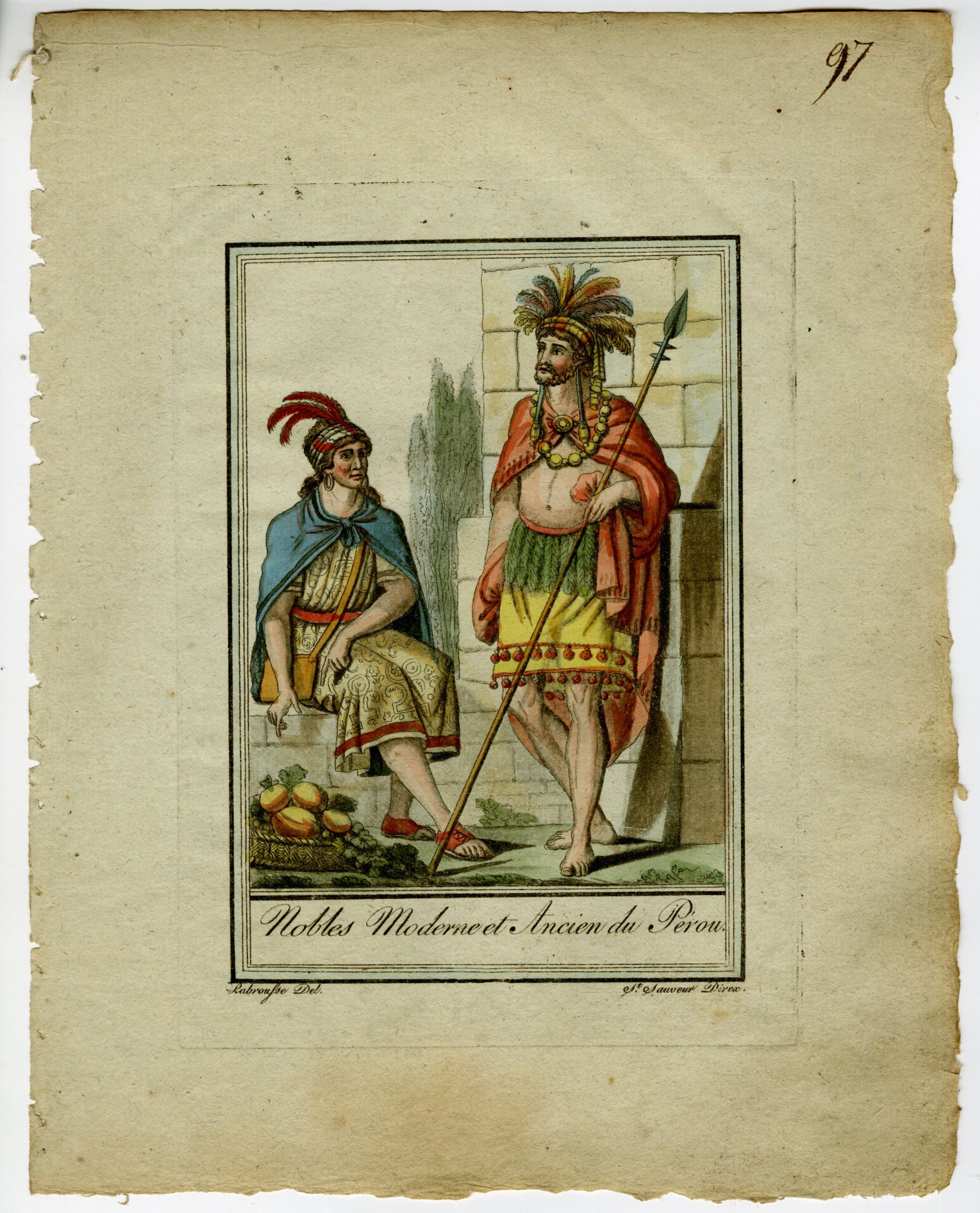 , 2-Antique Prints-PERUVIAN-MEN-WOMEN-NOBILITY-ATTIRE-Labrousse-Grasset-1797, Pictura Antique Prints