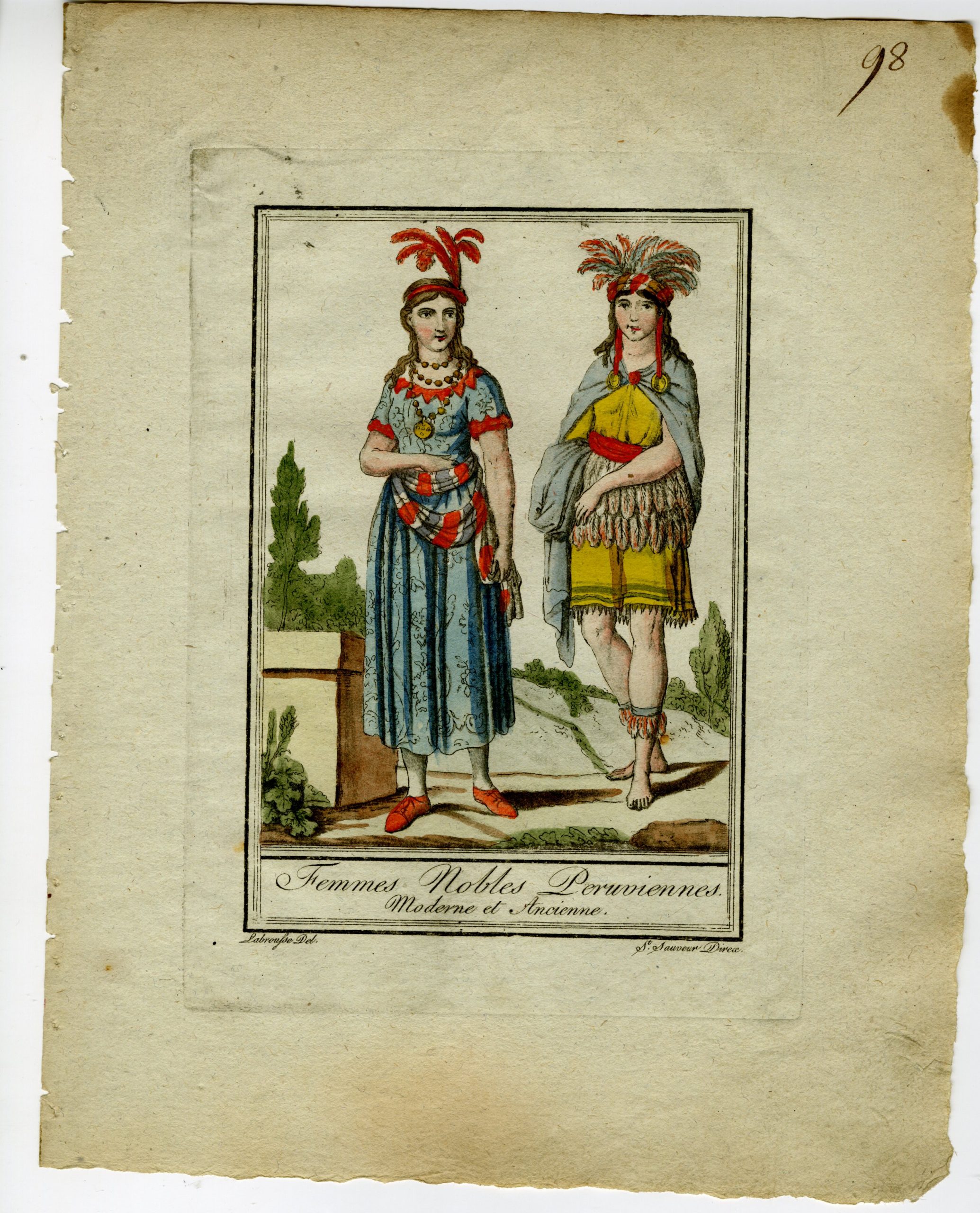 , 2-Antique Prints-PERUVIAN-MEN-WOMEN-NOBILITY-ATTIRE-Labrousse-Grasset-1797, Pictura Antique Prints