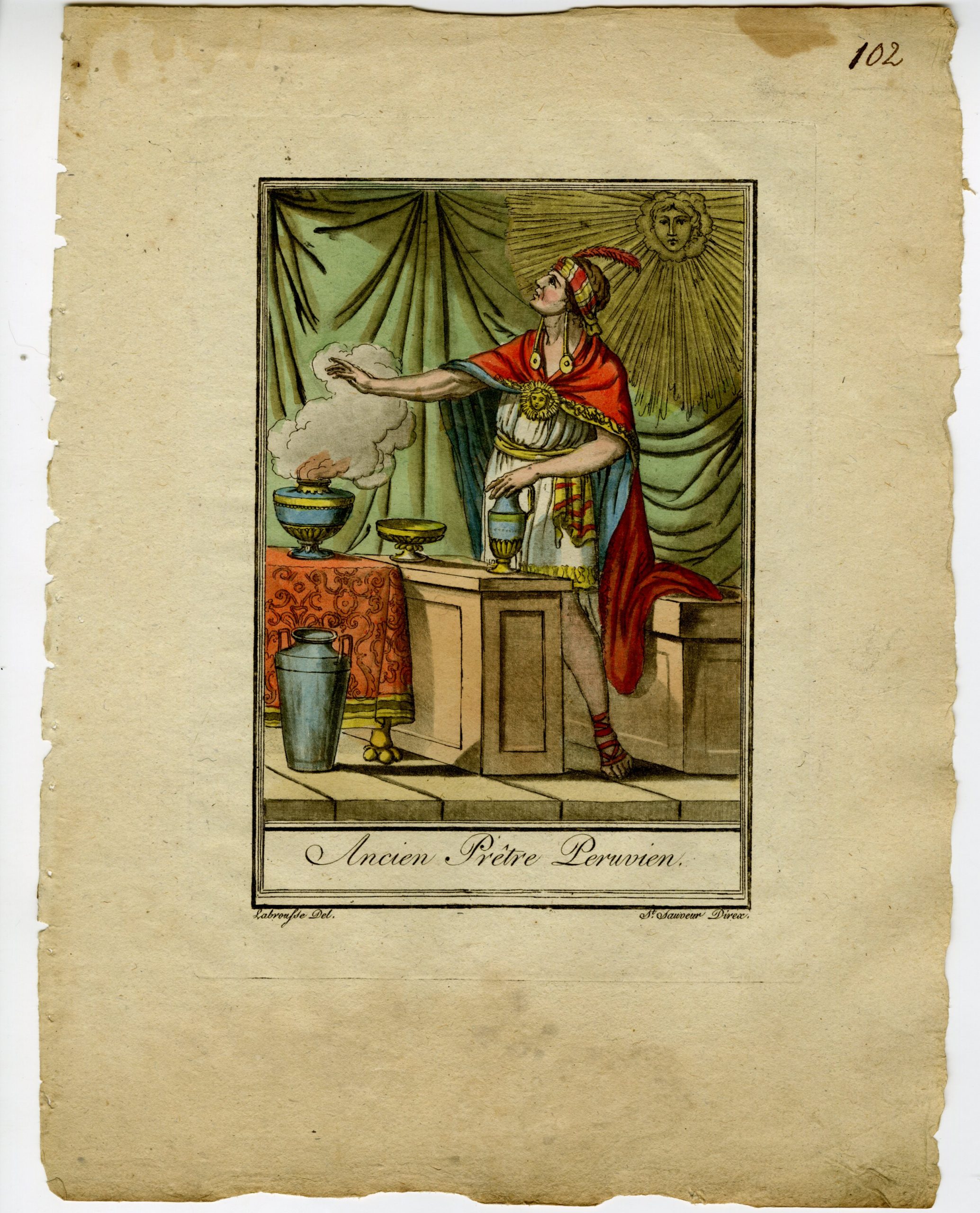 , Antique Print-PERUVIAN-PRIEST-CULTURE-CEREMONIAL-ATTIRE-Labrousse-Grasset-1797, Pictura Antique Prints