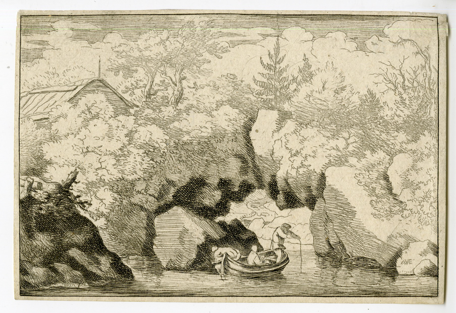 , Antique Master Print-LANDSCAPE-SKIFF-CLEFT ROCK-Van Everdingen-1631-1675, Pictura Antique Prints