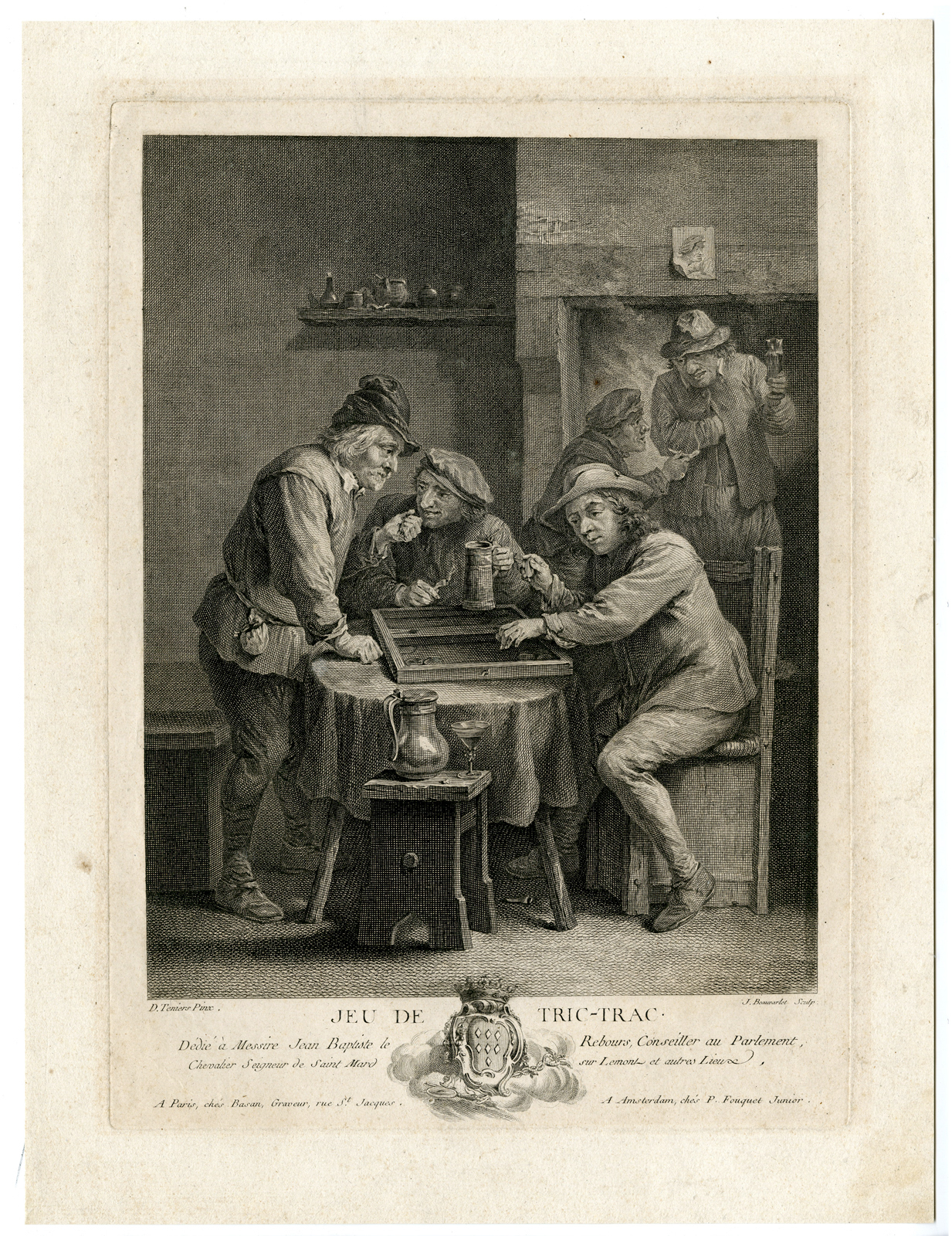 , Antique Master Print-BACKGAMMON GAME-PEASANTS-Beauvarlet-Teniers-1746-1760, Pictura Antique Prints