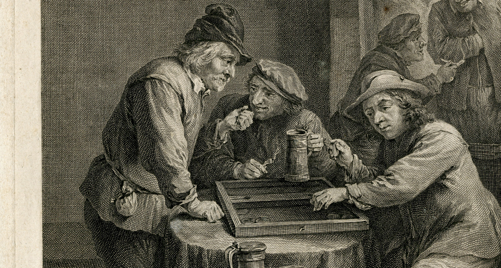 , Antique Master Print-BACKGAMMON GAME-PEASANTS-Beauvarlet-Teniers-1746-1760, Pictura Antique Prints