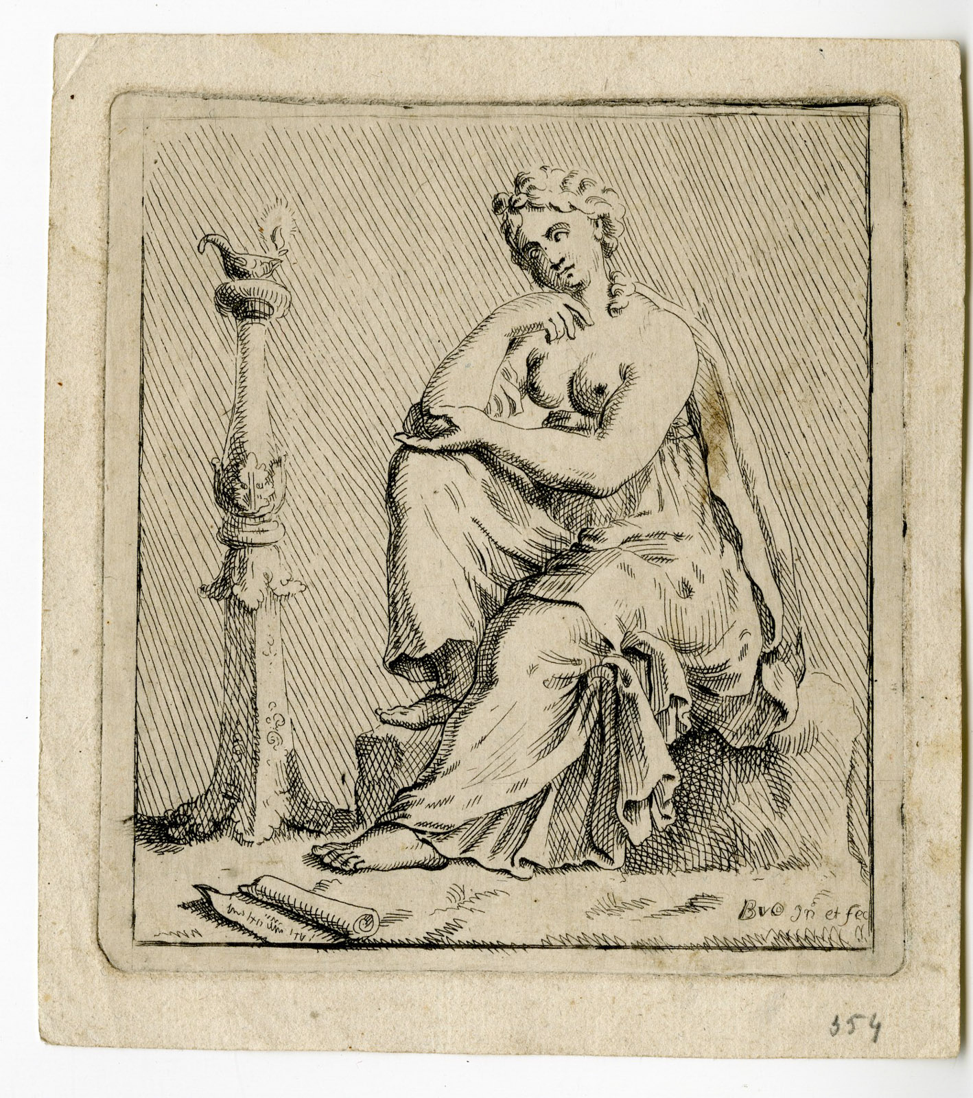 , Antique Master Print-CLASSICAL-FEMALE-FIGURE-OIL LAMP-SCHOLAR-BvO-c.1700, Pictura Antique Prints