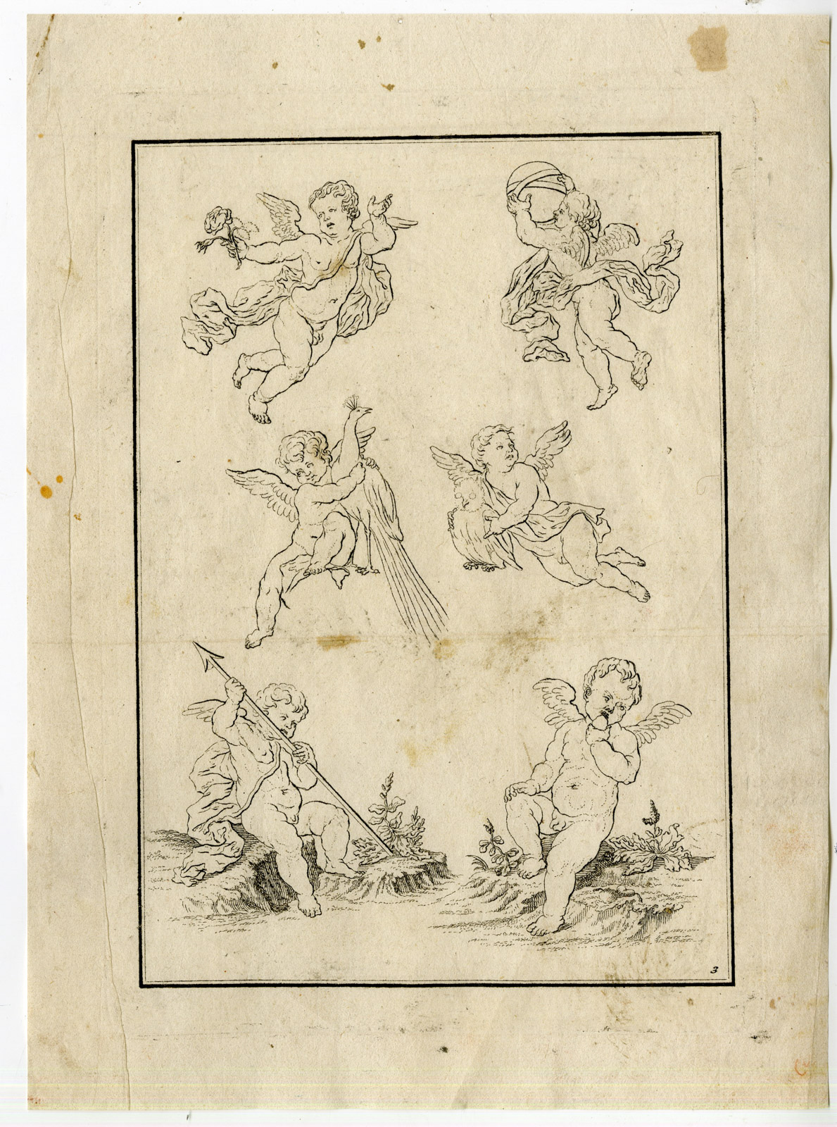 , 2-Antique Master Prints-DRAWING-EXAMPLES-MYTHOLOGY-PUTTI-Anonymous-c.1700, Pictura Antique Prints