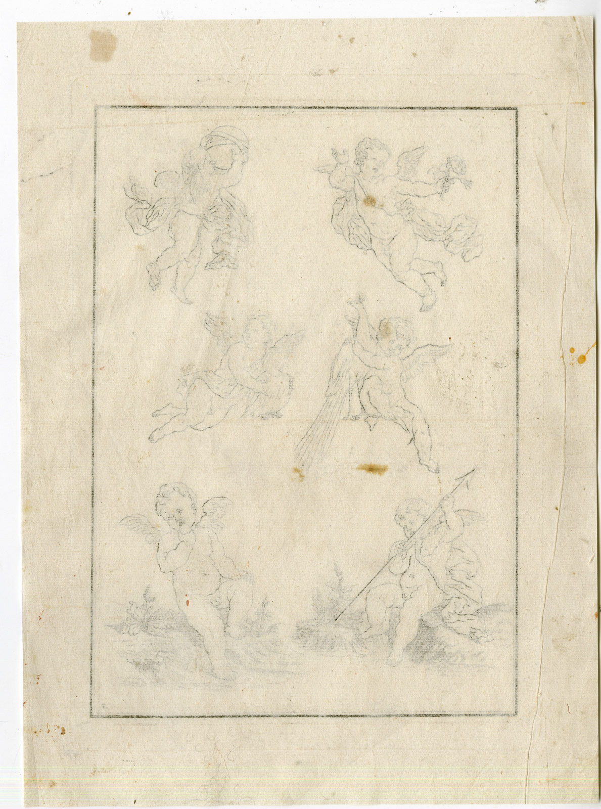 , 2-Antique Master Prints-DRAWING-EXAMPLES-MYTHOLOGY-PUTTI-Anonymous-c.1700, Pictura Antique Prints