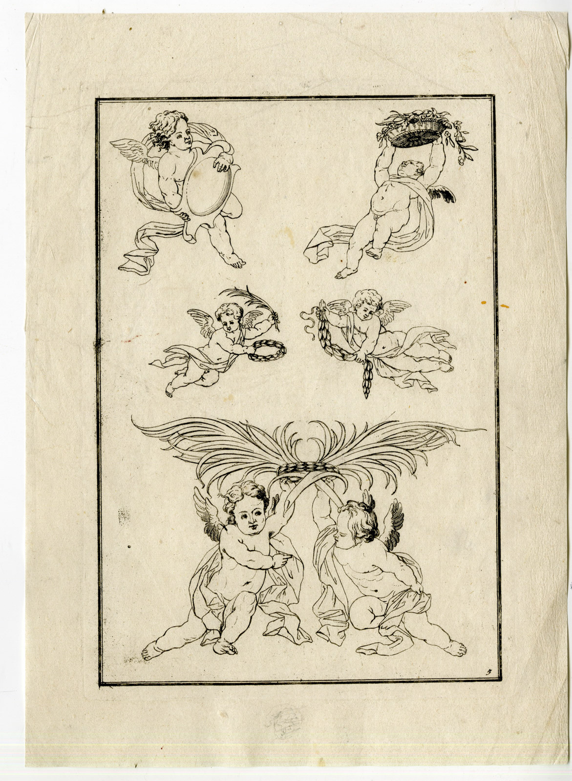 , 2-Antique Master Prints-DRAWING-EXAMPLES-MYTHOLOGY-PUTTI-Anonymous-c.1700, Pictura Antique Prints