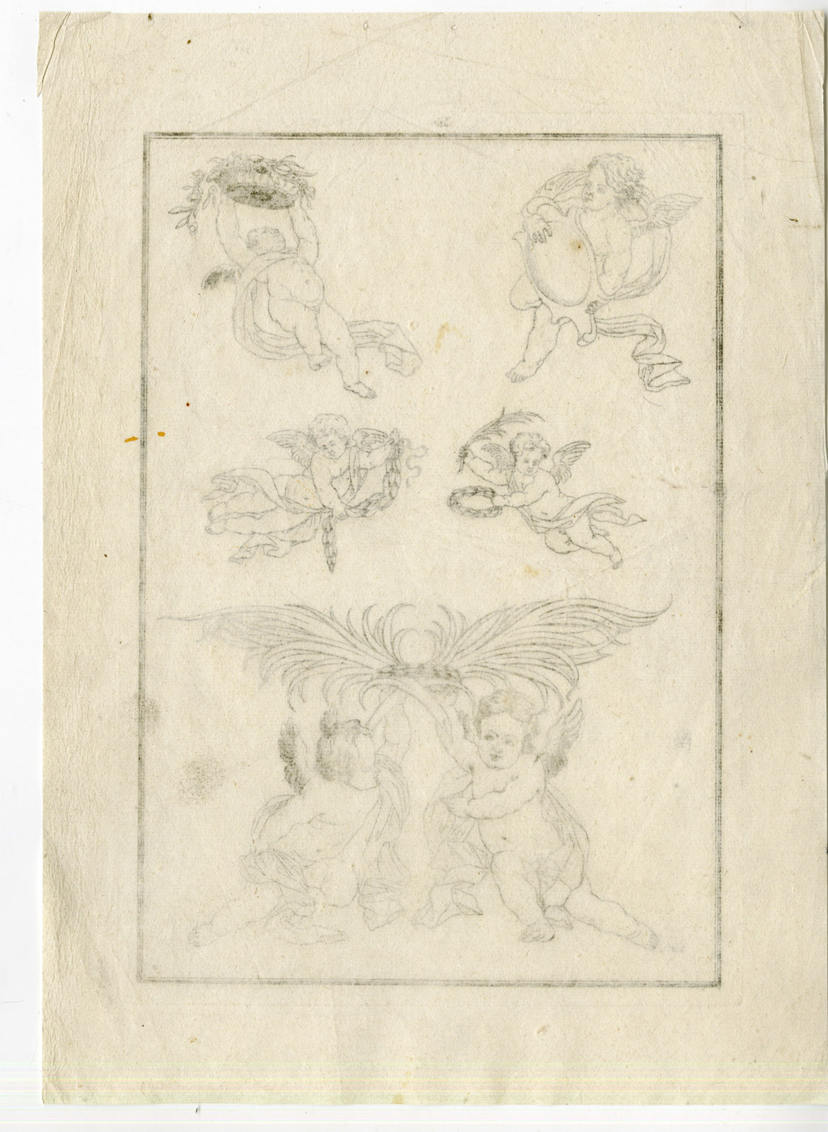 , 2-Antique Master Prints-DRAWING-EXAMPLES-MYTHOLOGY-PUTTI-Anonymous-c.1700, Pictura Antique Prints