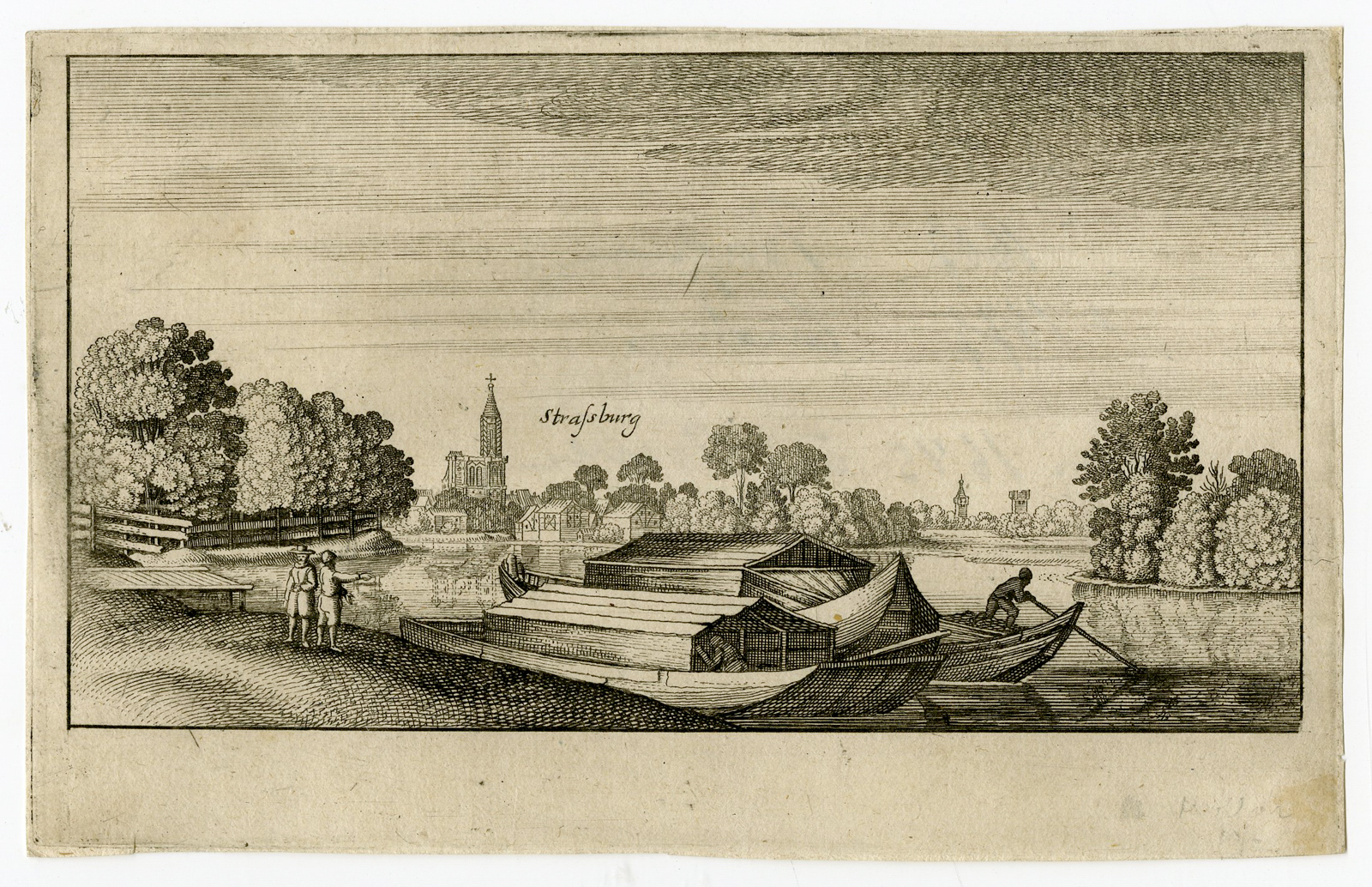 Pco 26302 416x269 Antique Master Print-LANDSCAPE-STRASBOURG-BOATS-Hollar-c.1645