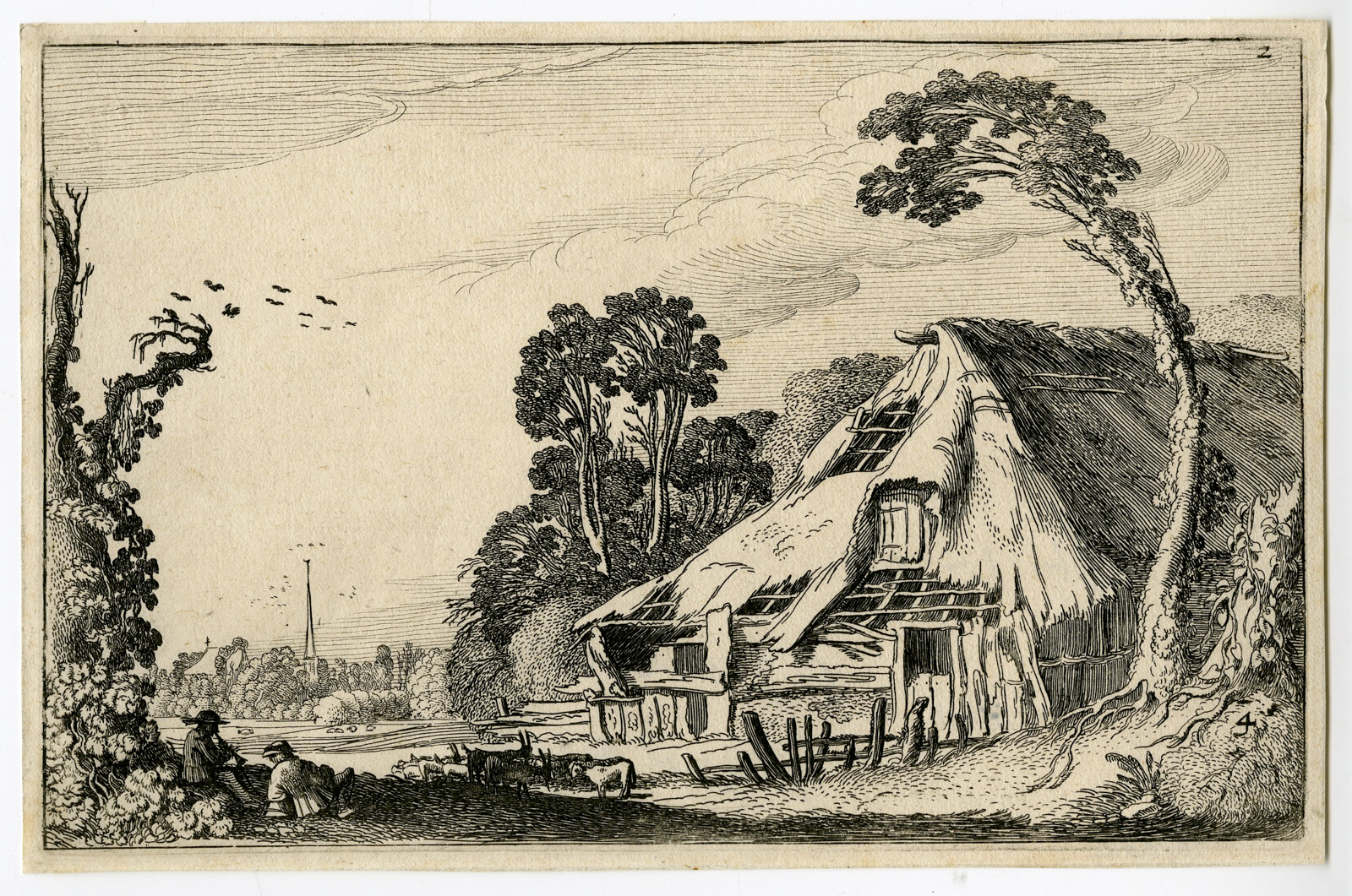 , Antique Master Print-BARN-LANDSCAPE-WITH-RUINS-HERDING-Van de Velde-1616, Pictura Antique Prints