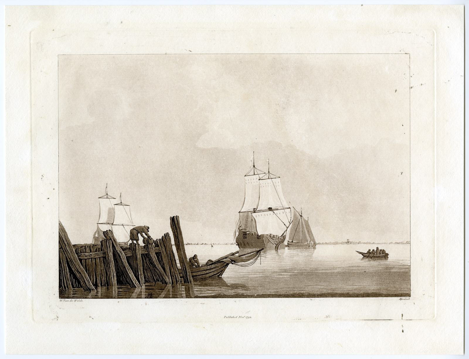 , Antique Master Print-SEASCAPE-SHIPS-HARBOR-Apostool-Van de Velde-1792, Pictura Antique Prints