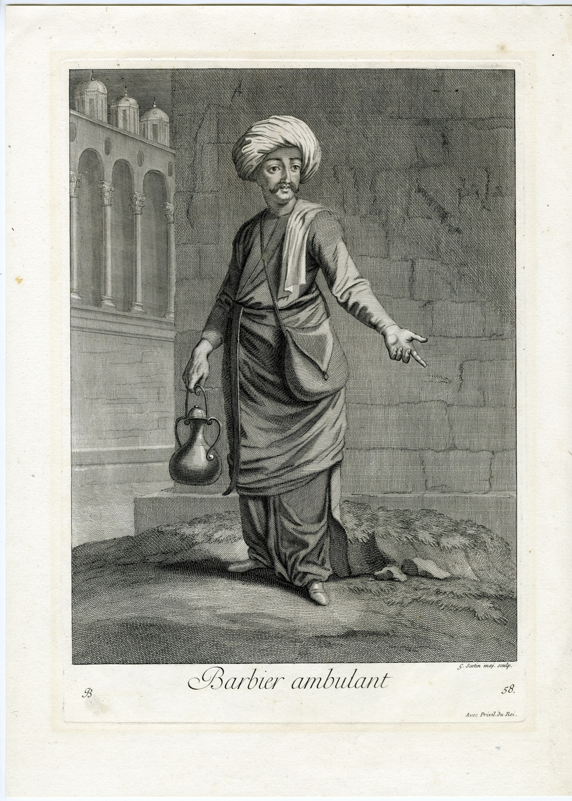 , Antique Master Print-TRAVELING-BARBER-OTTOMAN-Scotin-Vanmour-1707, Pictura Antique Prints