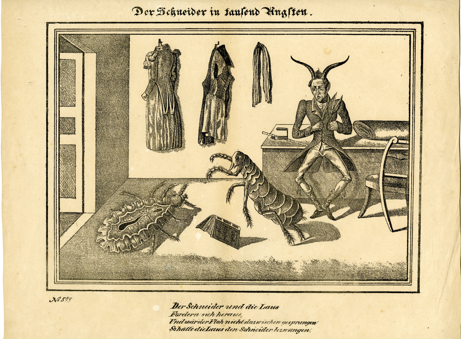 , Antique Print-TAILOR-DRESSMAKER-FLEAS-CARICATURE-CATCHPENNY-Anonymous-c.1830, Pictura Antique Prints