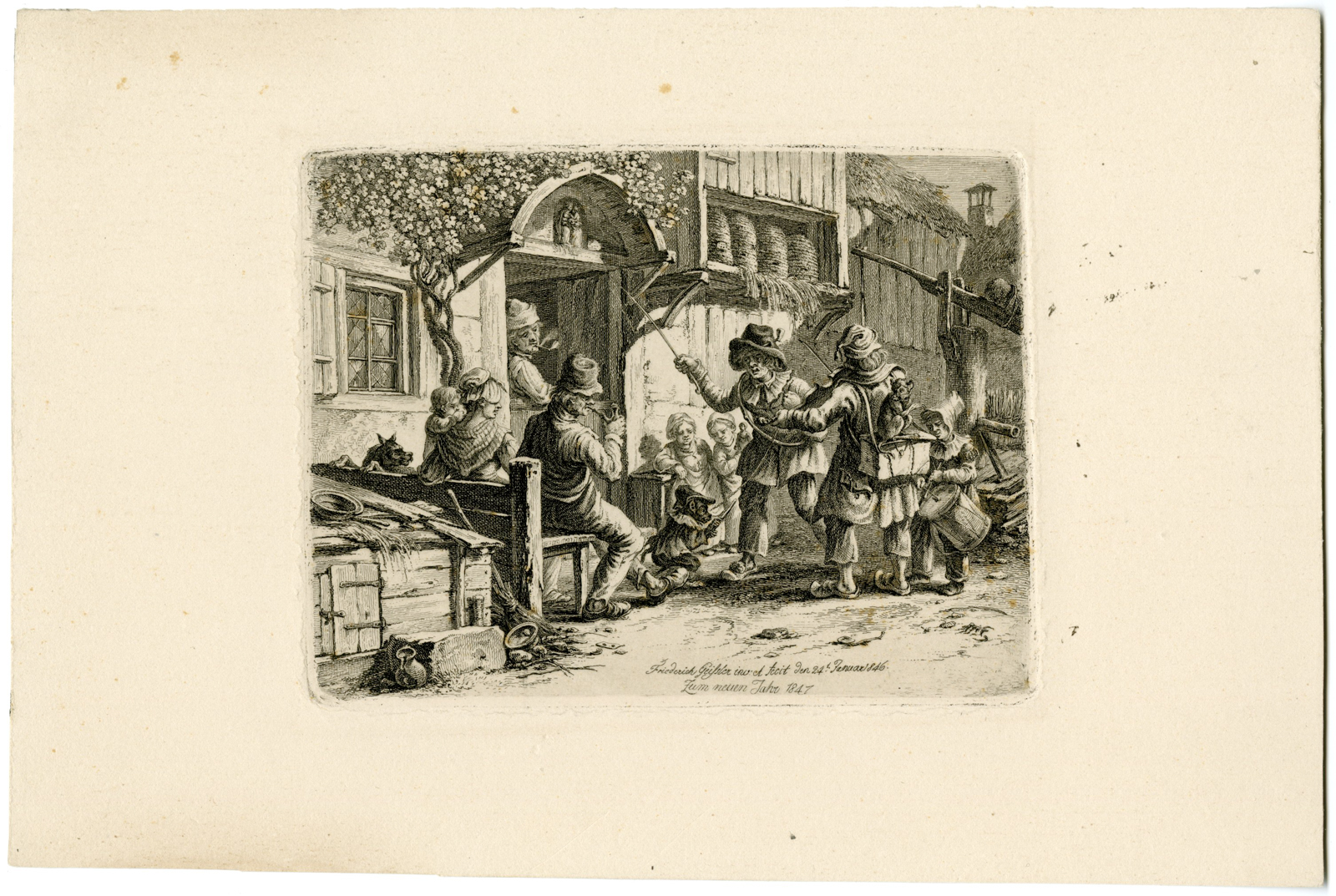 , Antique Master Print-VILLAGE-ENTERTAINERS-MONKEYS-PIPE-PERCUSSION-Geissler-1846, Pictura Antique Prints