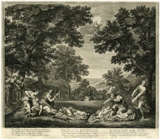 Antique Master Print-CUPIDS-DISARMED-DIANA-NYMPHS-Audran I-Albani-c.1700
