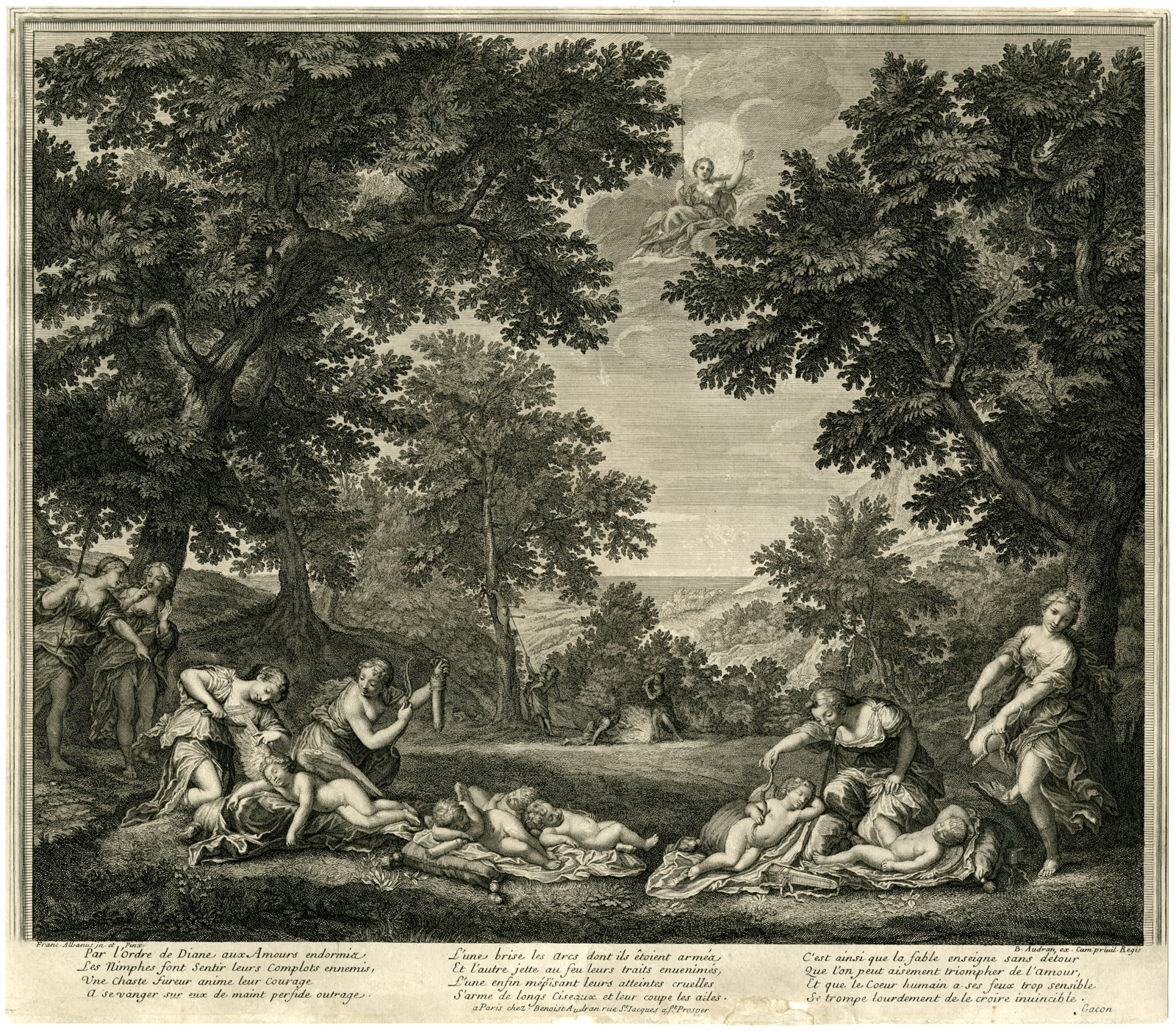 , Antique Master Print-CUPIDS-DISARMED-DIANA-NYMPHS-Audran I-Albani-c.1700, Pictura Antique Prints