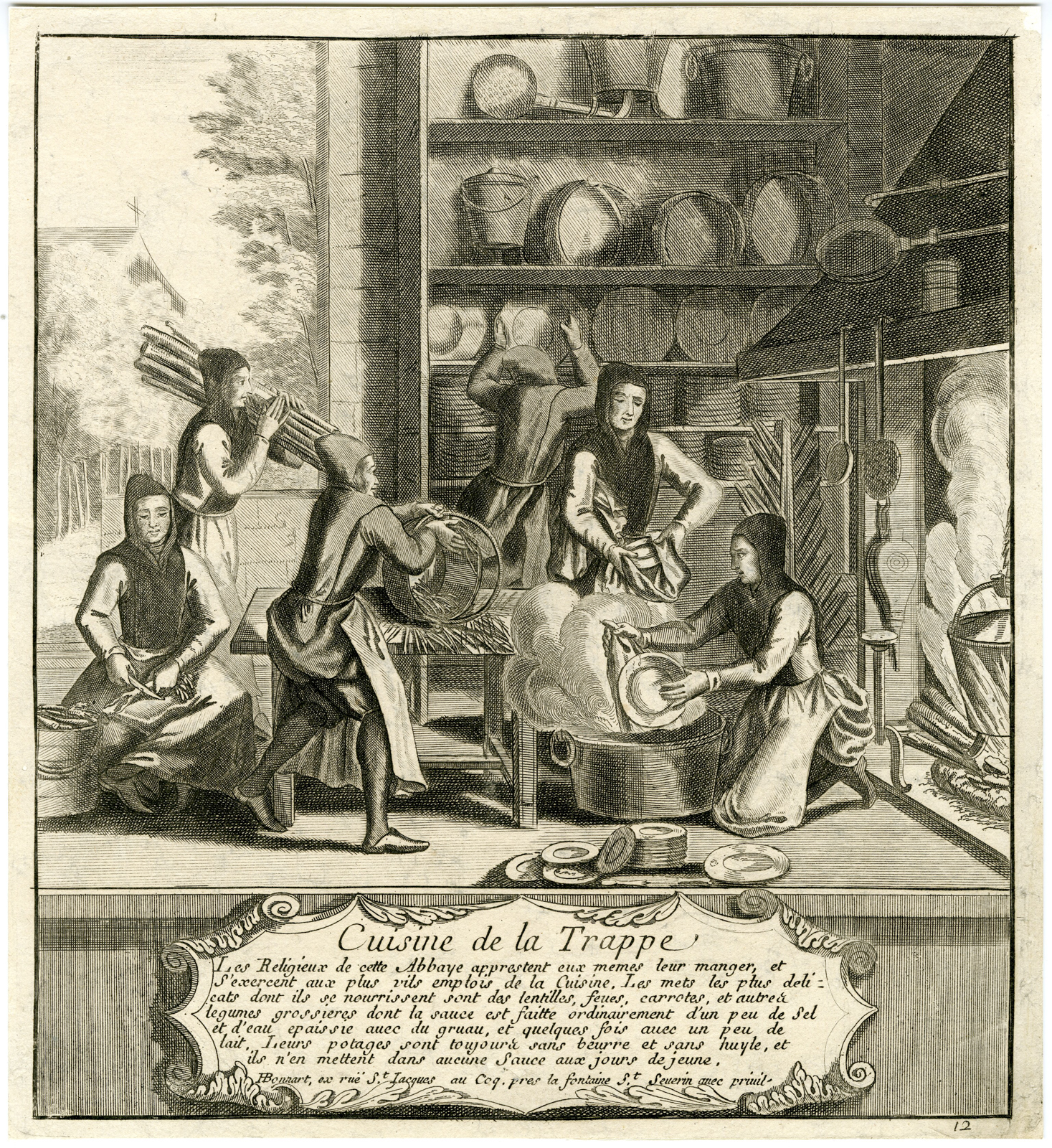 , Antique Master Print-CUISINE-LA TRAPPE-KITCHEN-Bonnart-c.1717-1726, Pictura Antique Prints