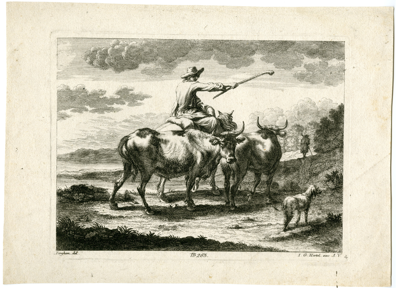, Antique Master Print-COW-SHEPHERD-DOG-Wangner-Berchem-c.1750, Pictura Antique Prints