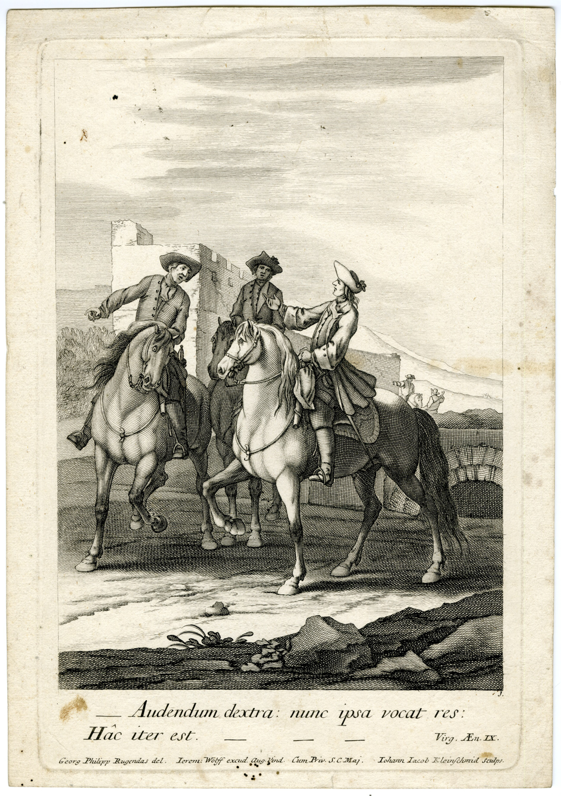 , Antique Master Print-HORSEMEN-HORSES-CONVERSATION-Kleinschmidt-Rugendas-c.1722, Pictura Antique Prints