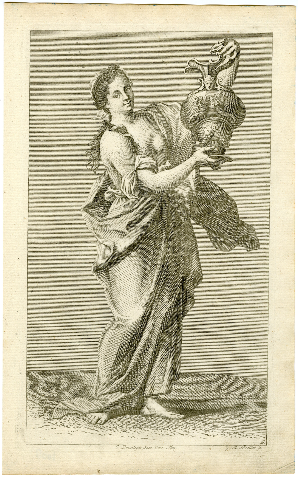 , Antique Master Print-SCANTILY-DRESSED-WOMAN-HEBE-VASE-Preisler-1722, Pictura Antique Prints