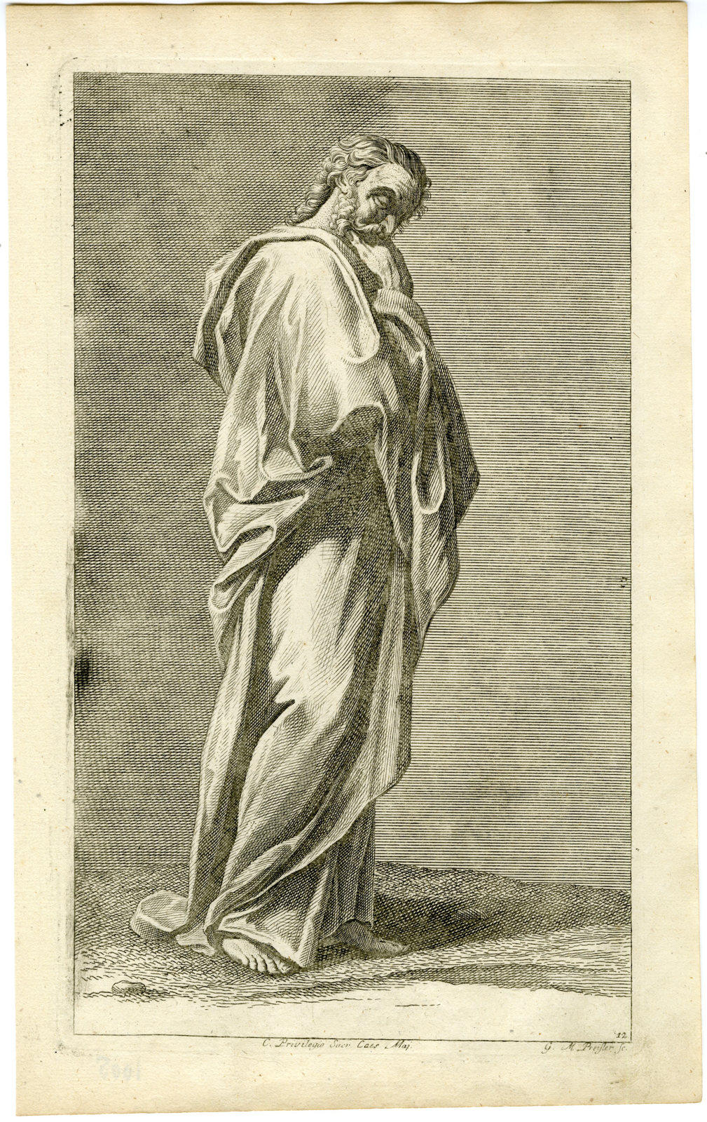 , Antique Master Print-PONDERING-MAN-Preisler-1722, Pictura Antique Prints