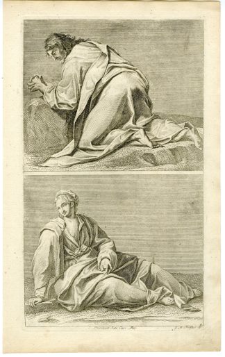 Antique Master Print-FEMALE-MALE-FIGURE-SEATED-PRAYING-Preisler-1722