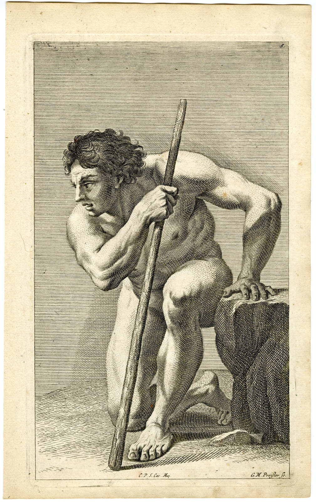 , Antique Master Print-KNEELING-MAN-STICK-NUDE-Preisler-1722, Pictura Antique Prints
