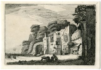 Antique Master Print-LANDSCAPE-FARM-SWINE-HERD-RUIN-Van de Velde-1616